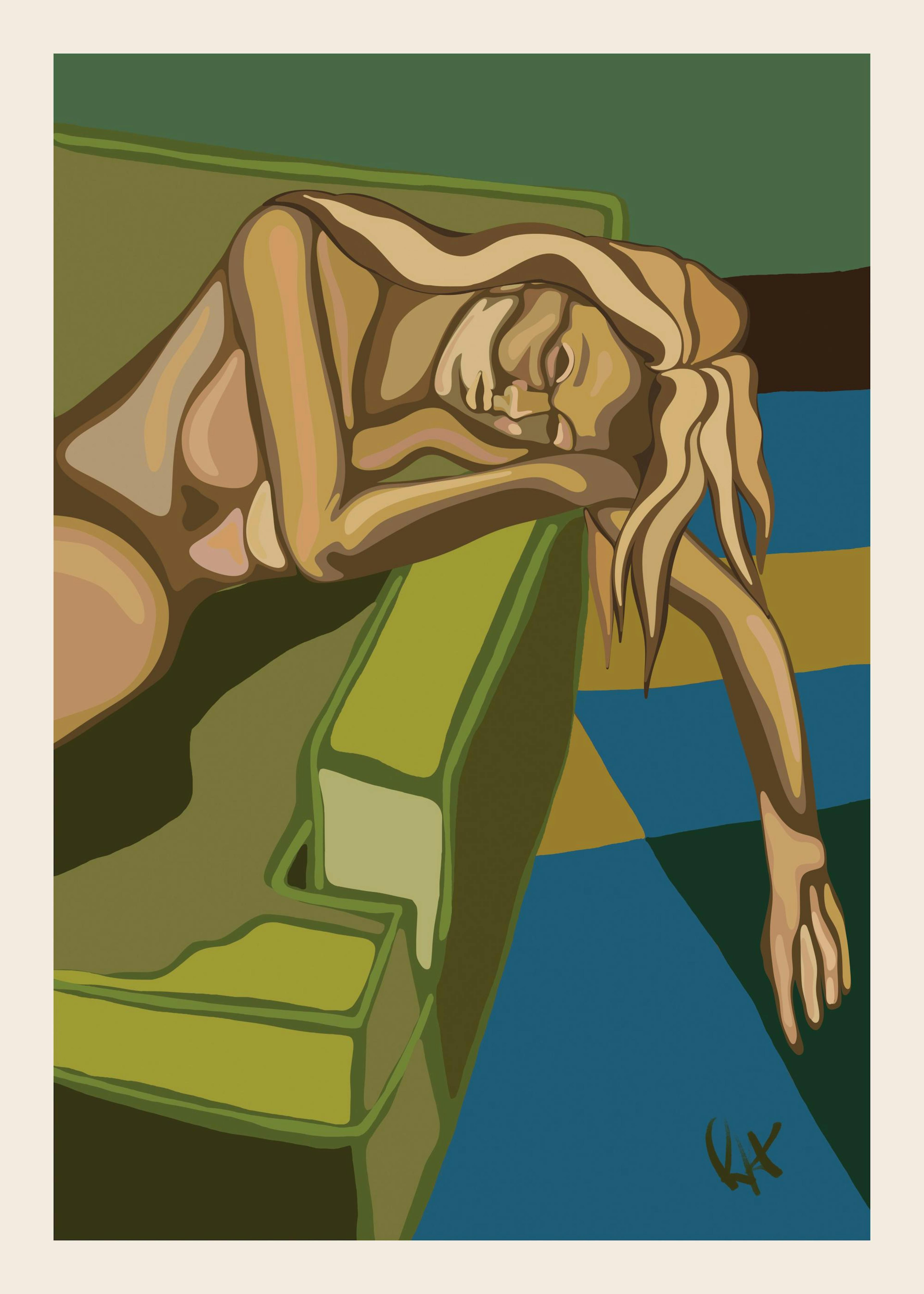 Poster einer schlafenden Person in warmen Erdtönen auf einem olivgrünen Sofa, mit blauen und braunen Farbakzenten.