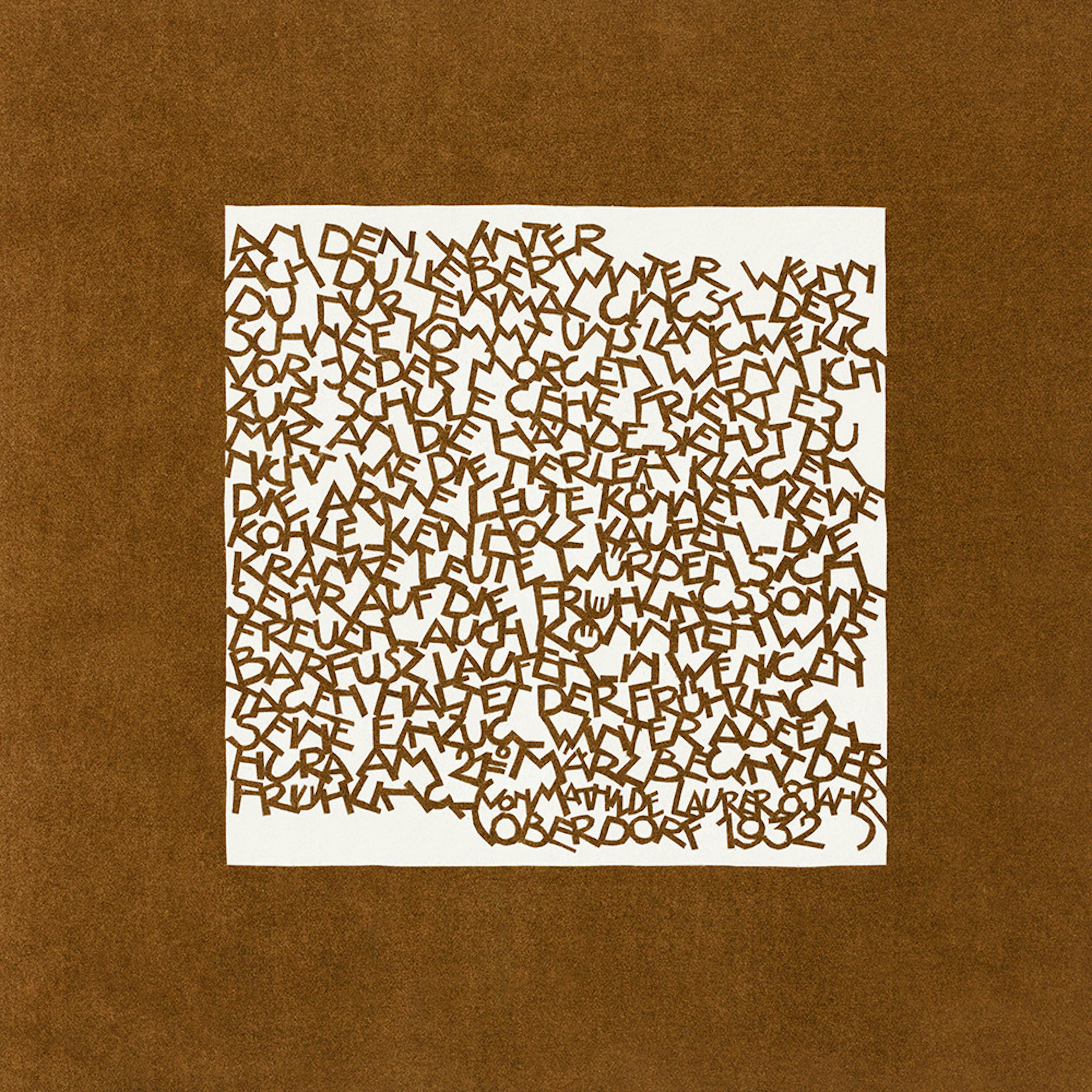 A print of a white square filled with a brown, dense jumble of German text, on a brown background.