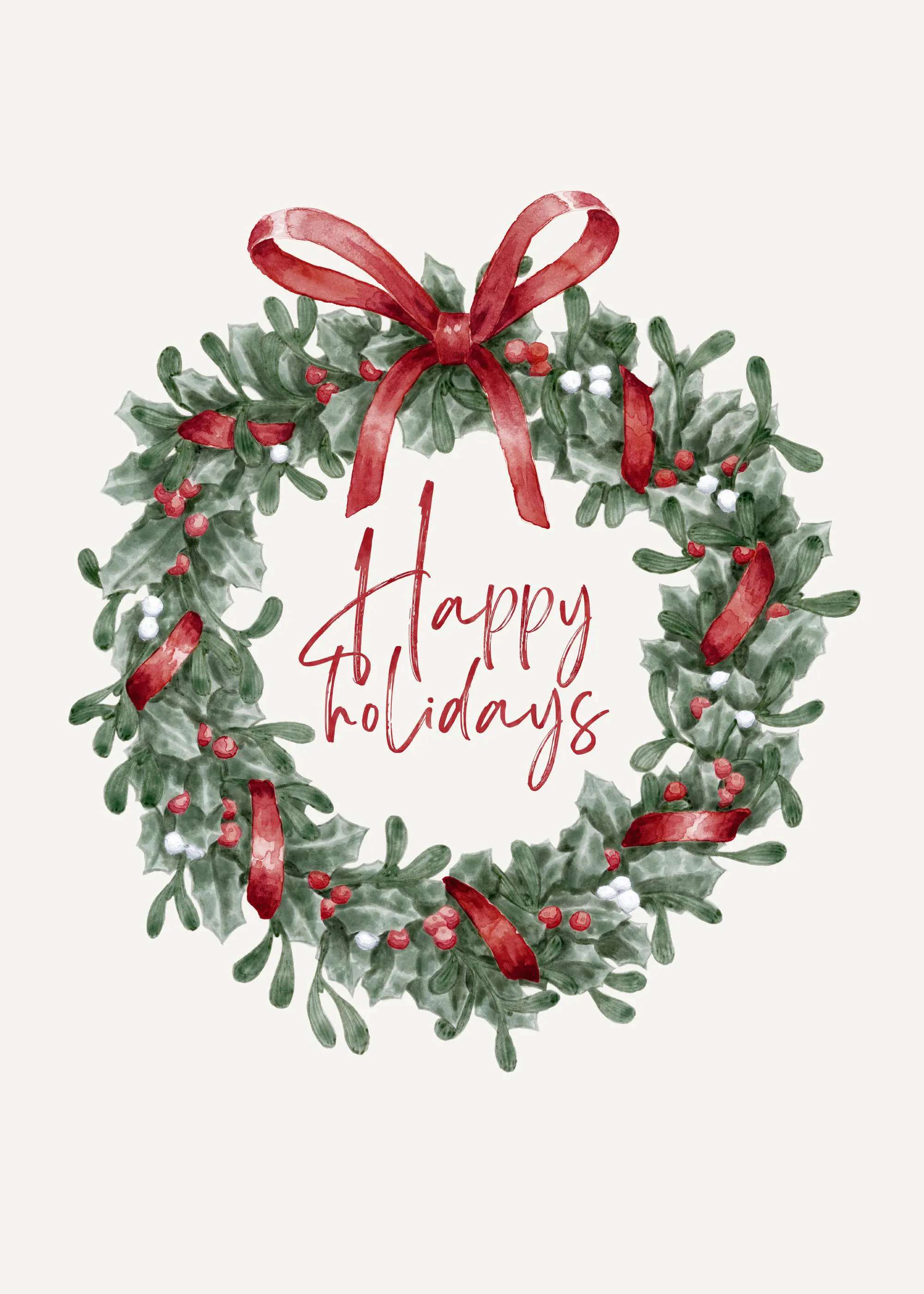 Vianočný plagát s vencom z cezmíny, červenými bobuľami a stuhou, textom Happy Holidays uprostred.