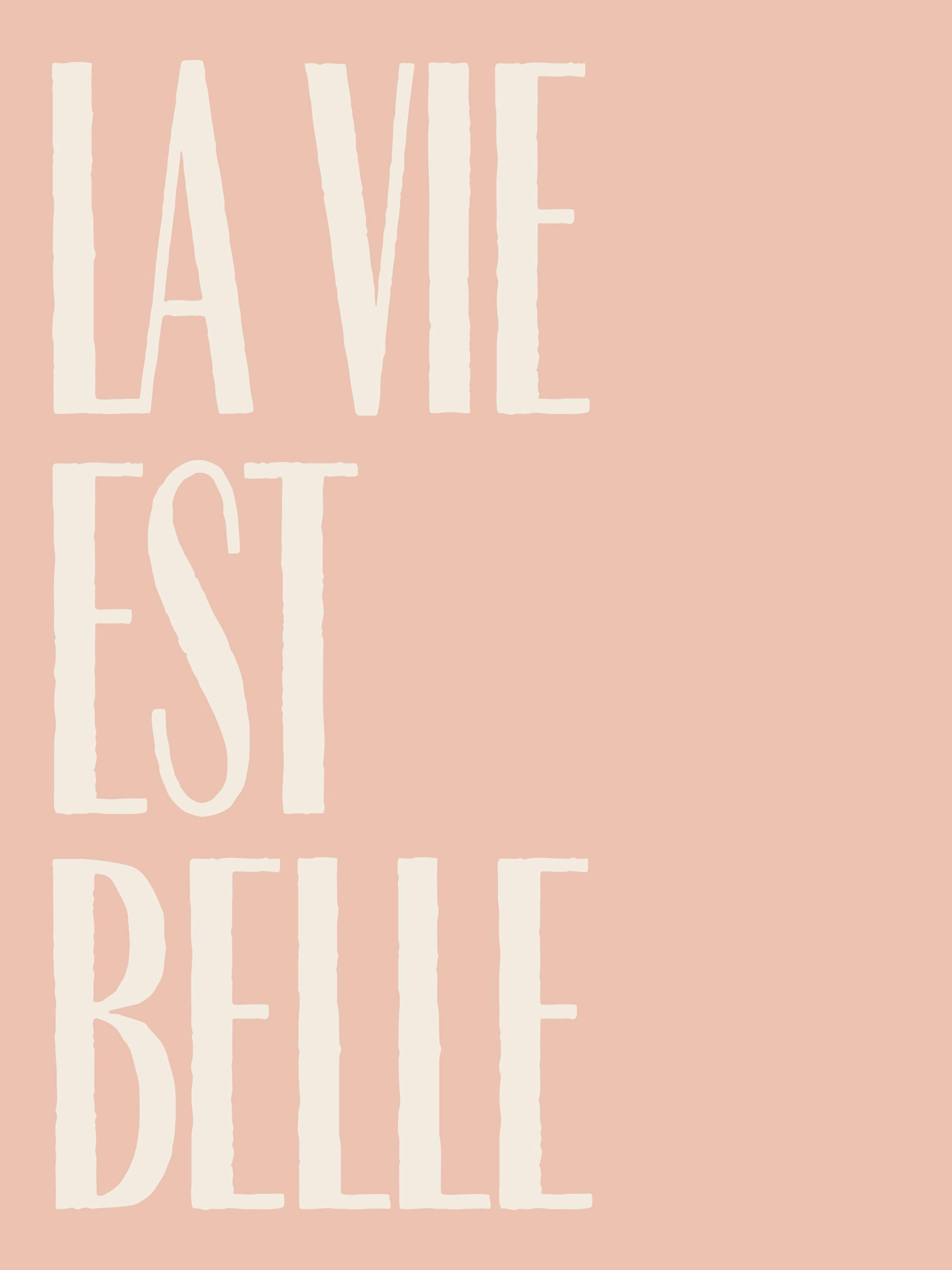 Póster rosa melocotón con el texto La vie est belle en color crema, tipografía vintage. Arte de pared con cita.