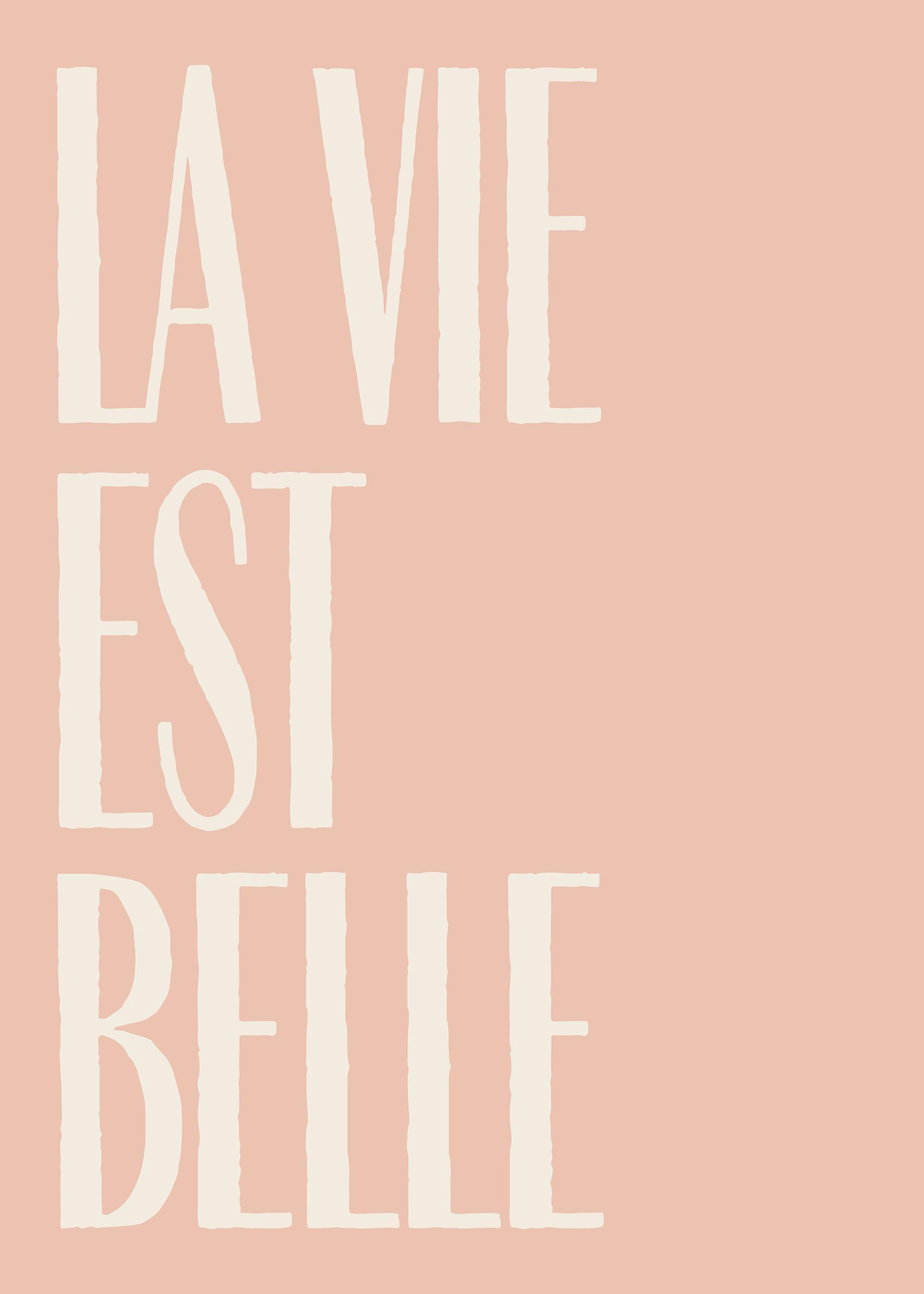 Affiche La Vie Est Belle avec texte blanc sur fond rose pêche, typographie moderne pour décoration murale.