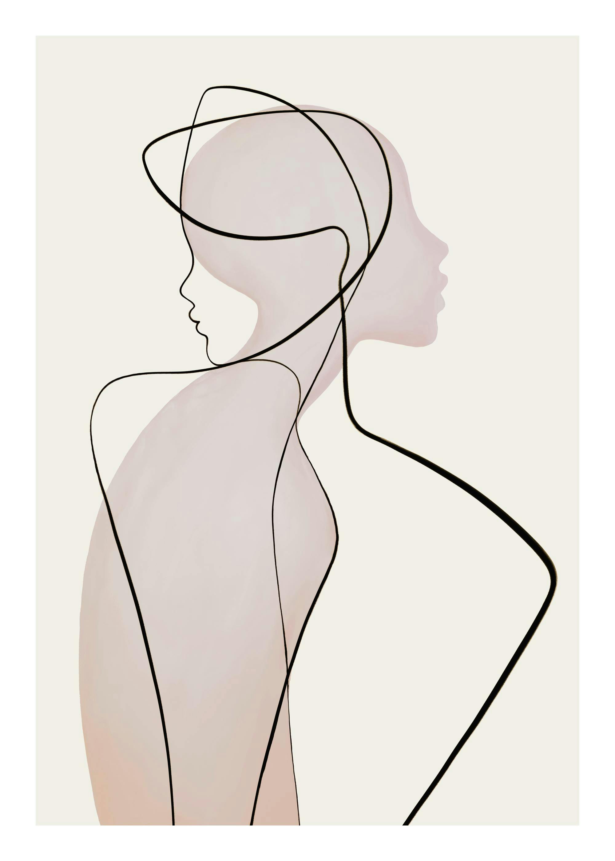 Line art plakat med beige og svarte farger, viser en person i strektegning med lys beige bakgrunn.