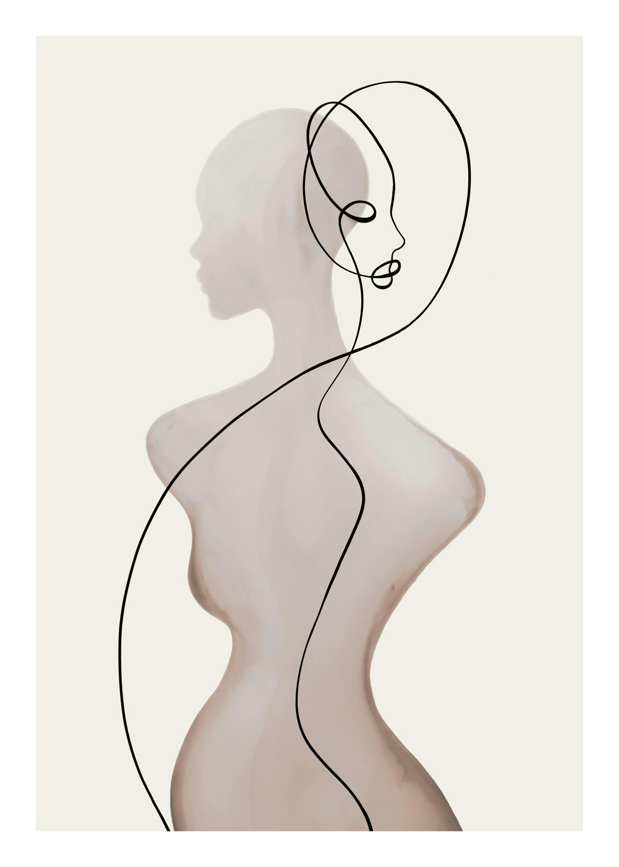 Affiche de Peytil, illustration abstraite dune femme en ligne continue noire et dune silhouette beige sur fond clair.
