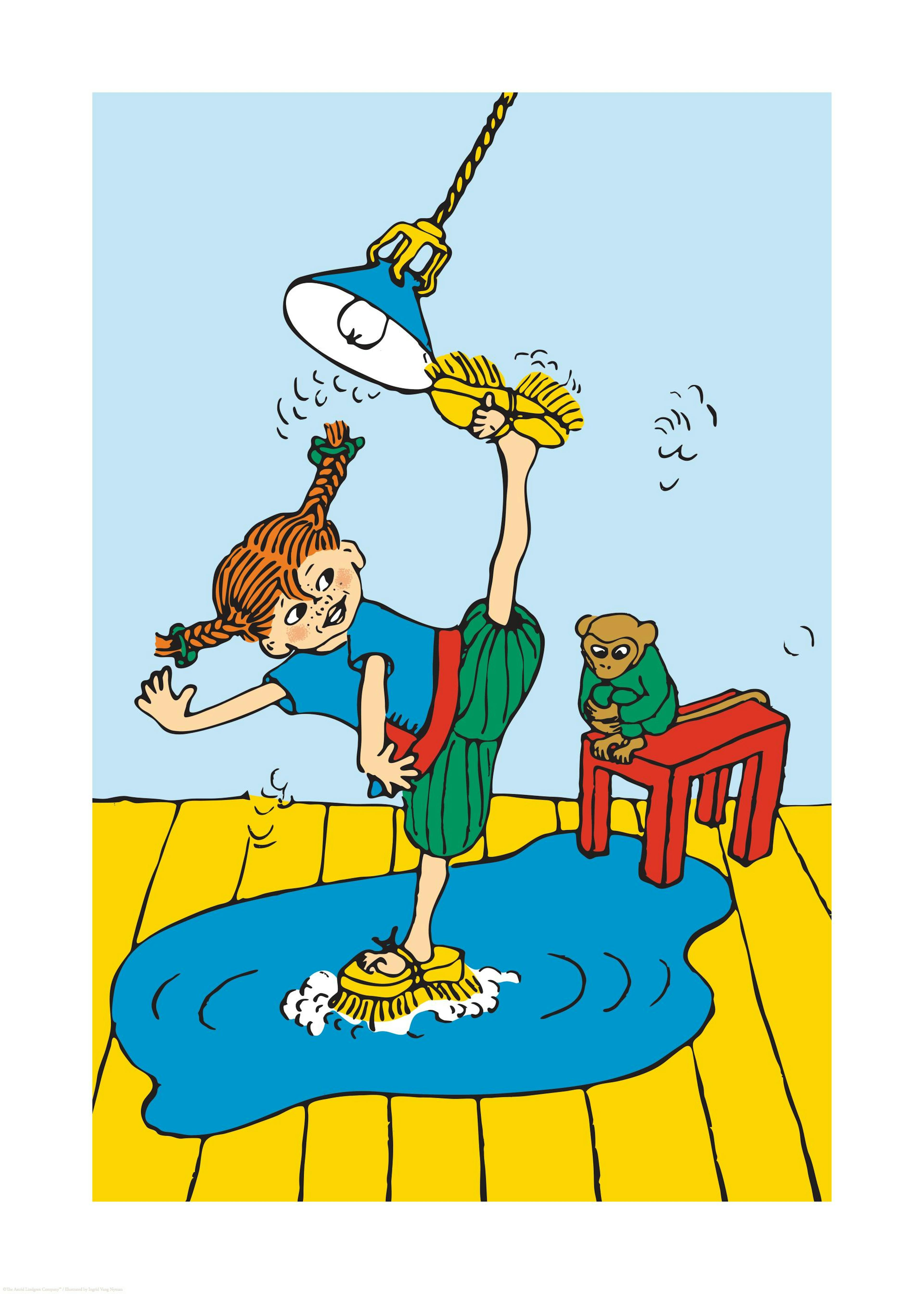Pippi Longstocking cleaning print poster with a mop on her foot and a monkey watching
