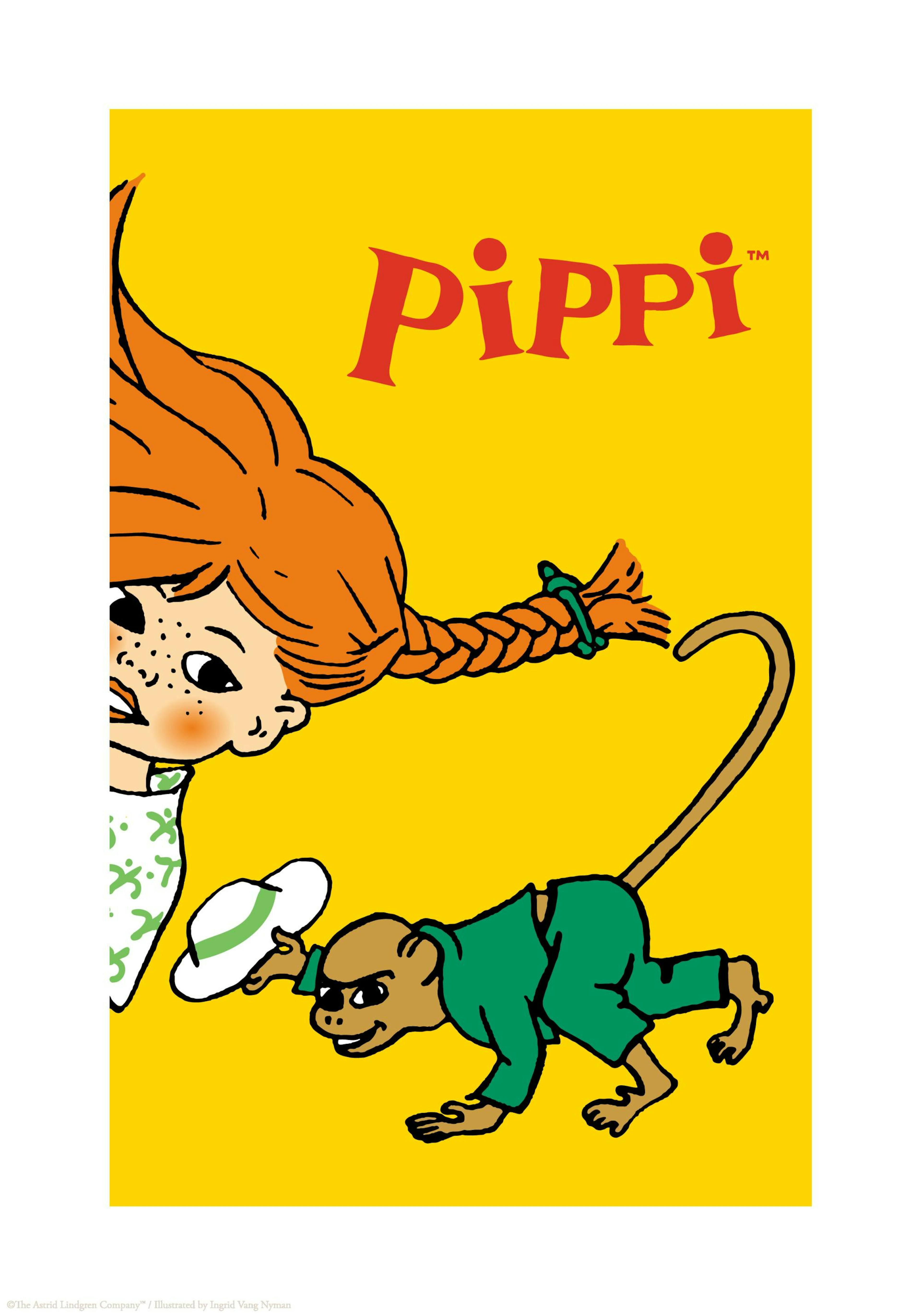 Pippi Longstocking with bright red braided hair and freckles, peeking from the left, with her monkey Mr. Nilsson in green clothe