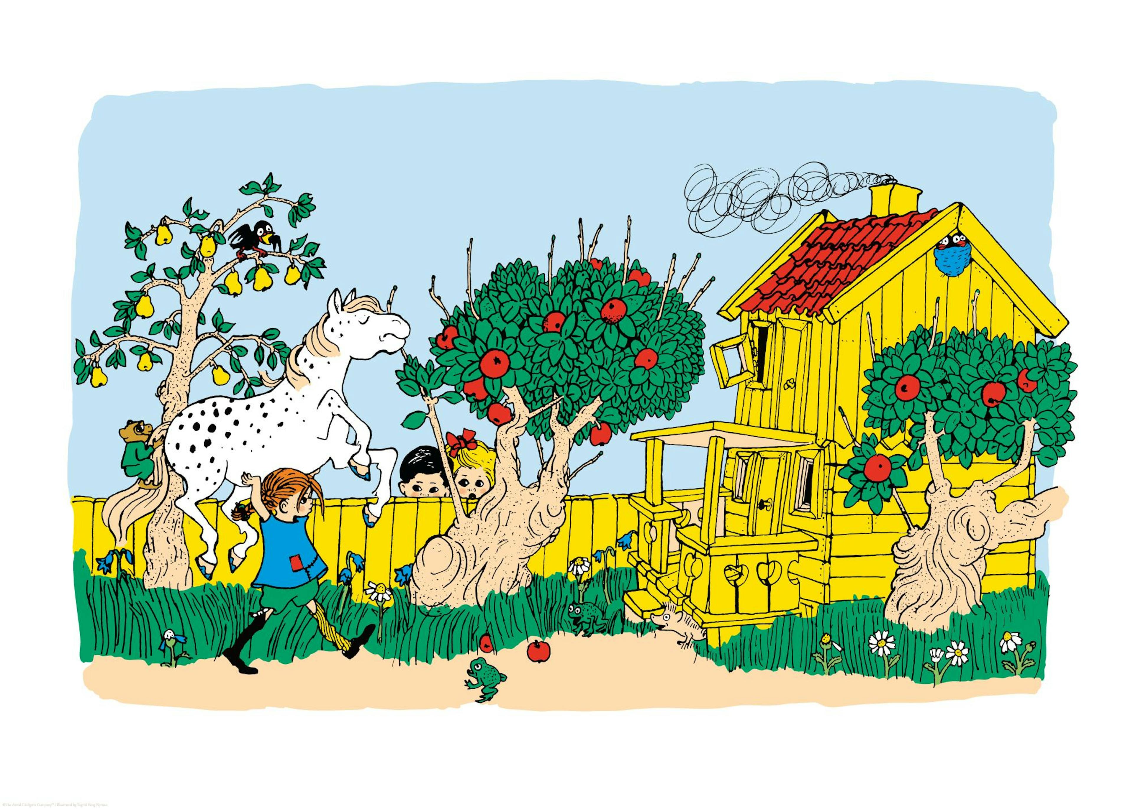 Pippi Longstocking, horse, and Villa Villekulla house poster print