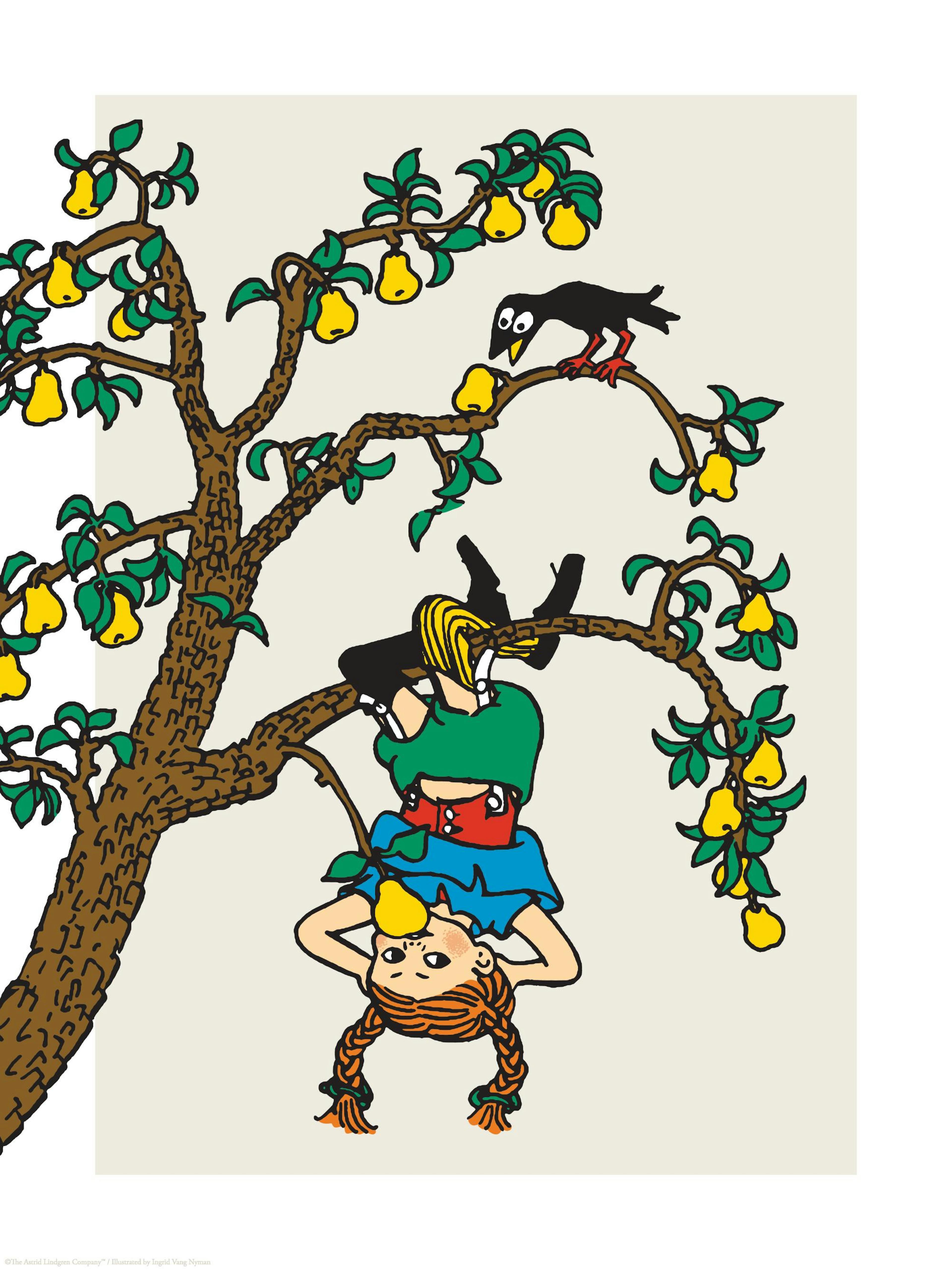Pippi Longstocking hanging upside down from a tree with yellow pears, a black bird watches