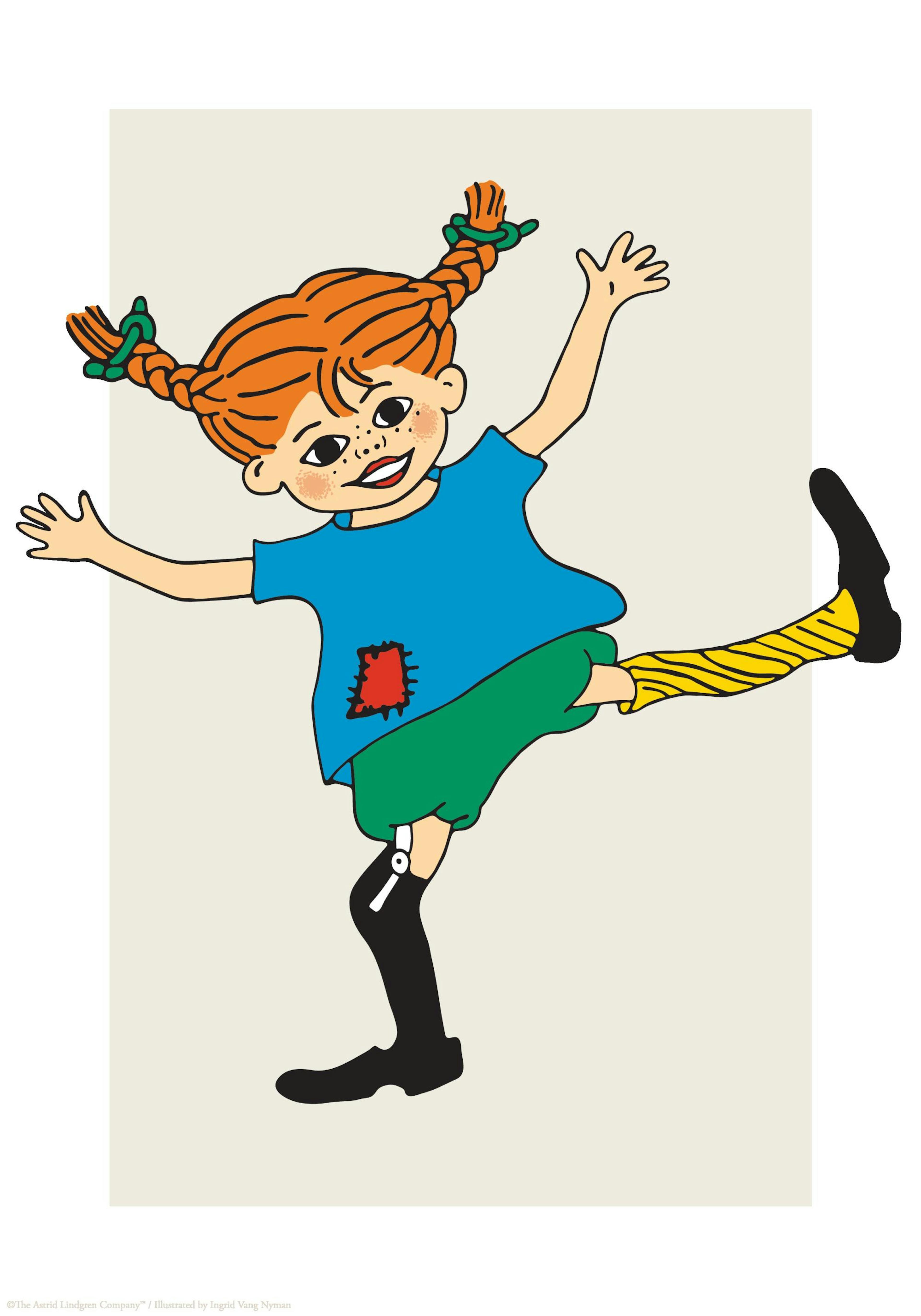 Pippi Longstocking in a playful pose, one leg up, arms outstretched, against a soft beige background.