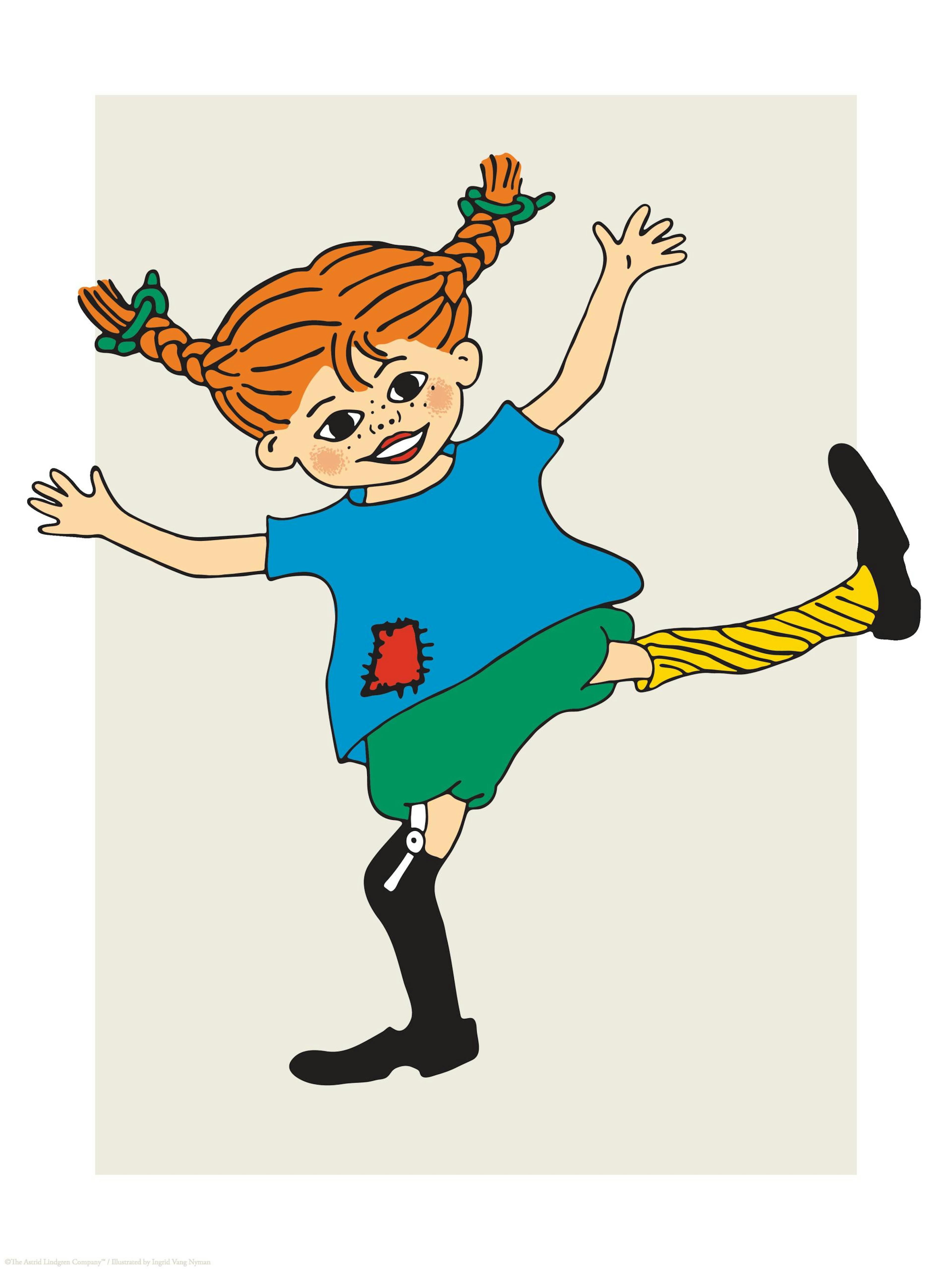 Pippi Langstrumpf Illustration, die auf einem Bein tanzt, mit roten Zöpfen, blauem Hemd und grünem Rock auf beigem Hintergrund.