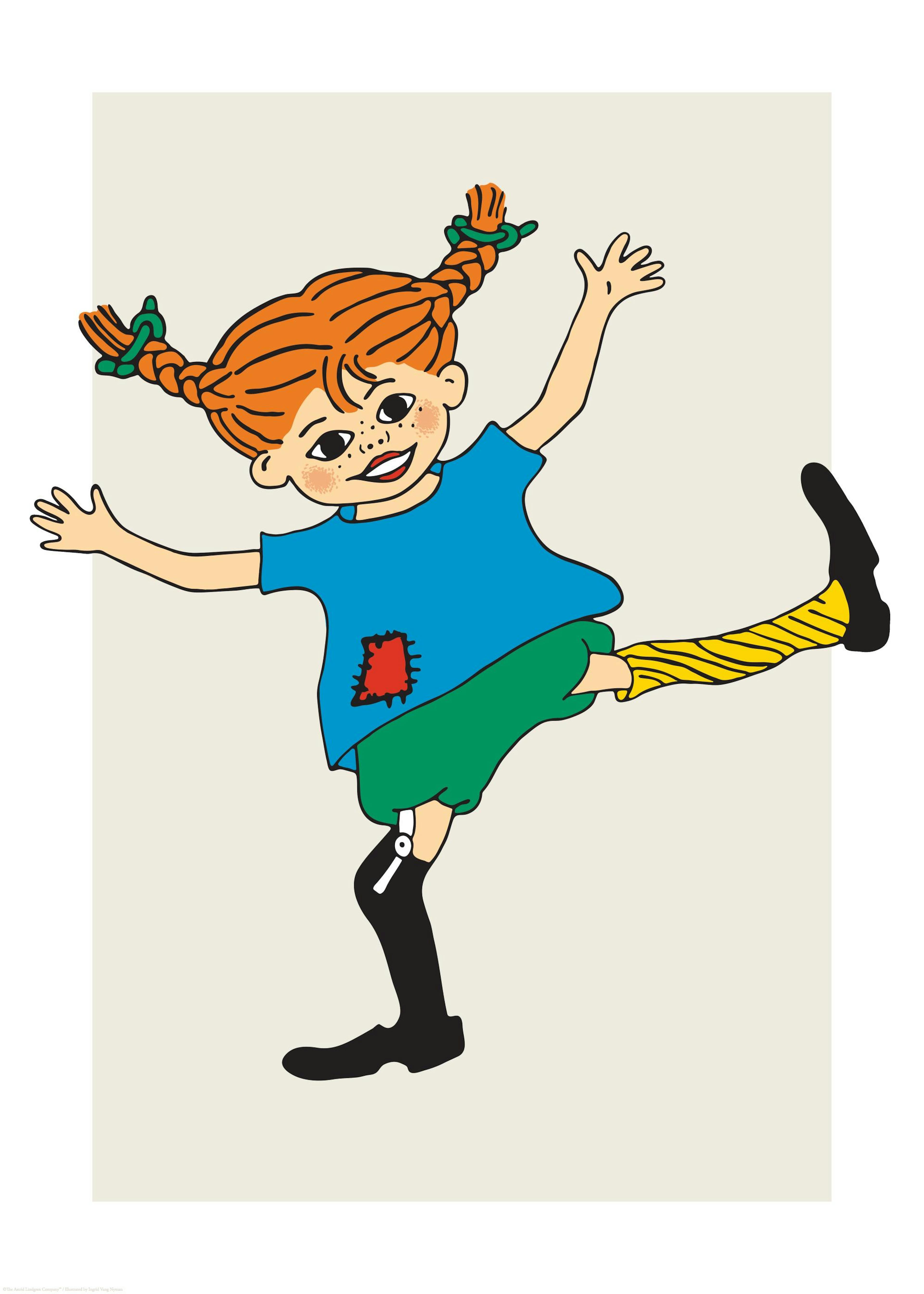 Pippi Långstrump illustration, hon ler och dansar med armarna utsträckta, mot en beige bakgrund.