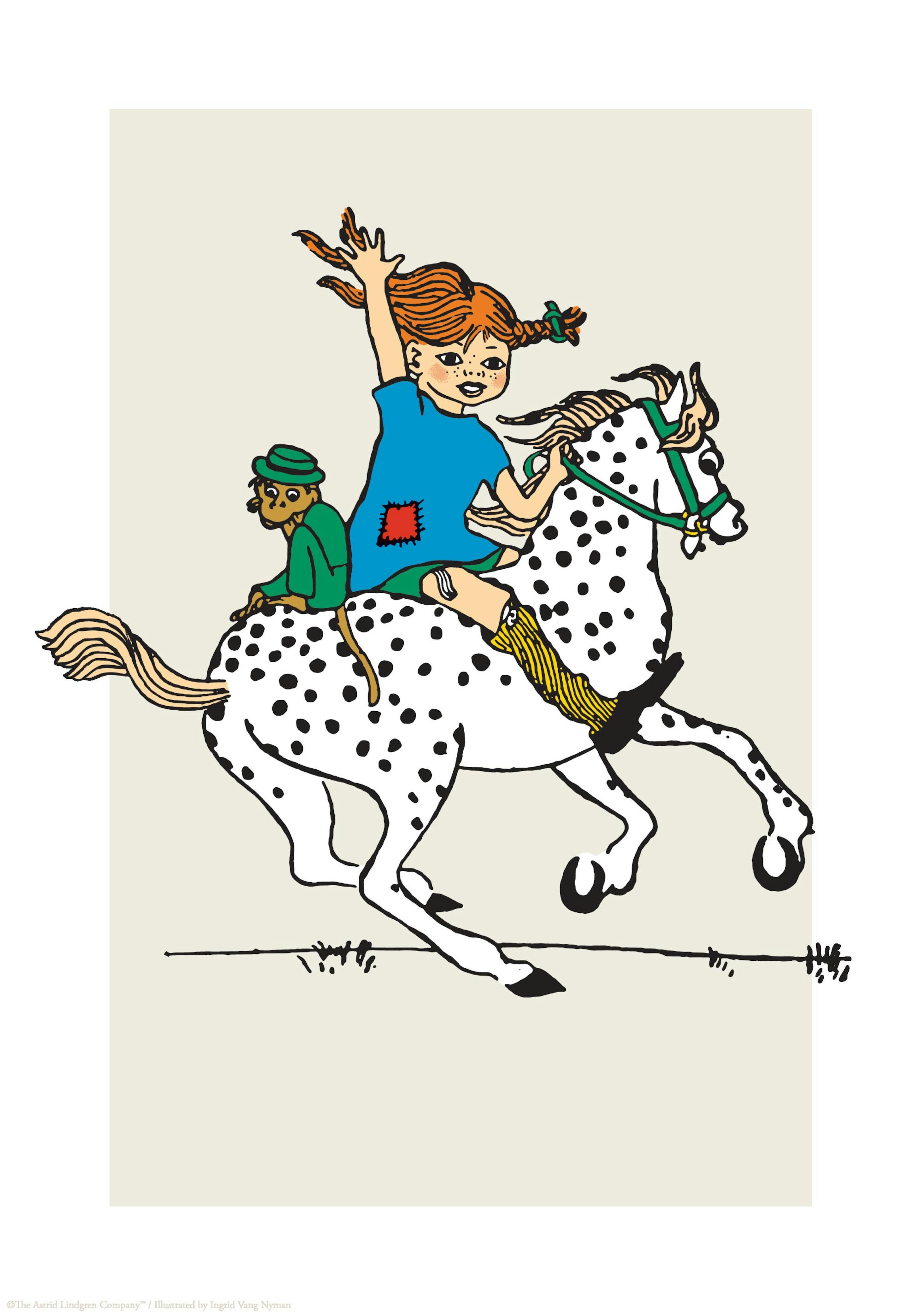 Pippi Langstrumpf reitet ihr gepunktetes Pferd mit Herrn Nilsson auf dem Rücken, eine fröhliche Kinderillustration.