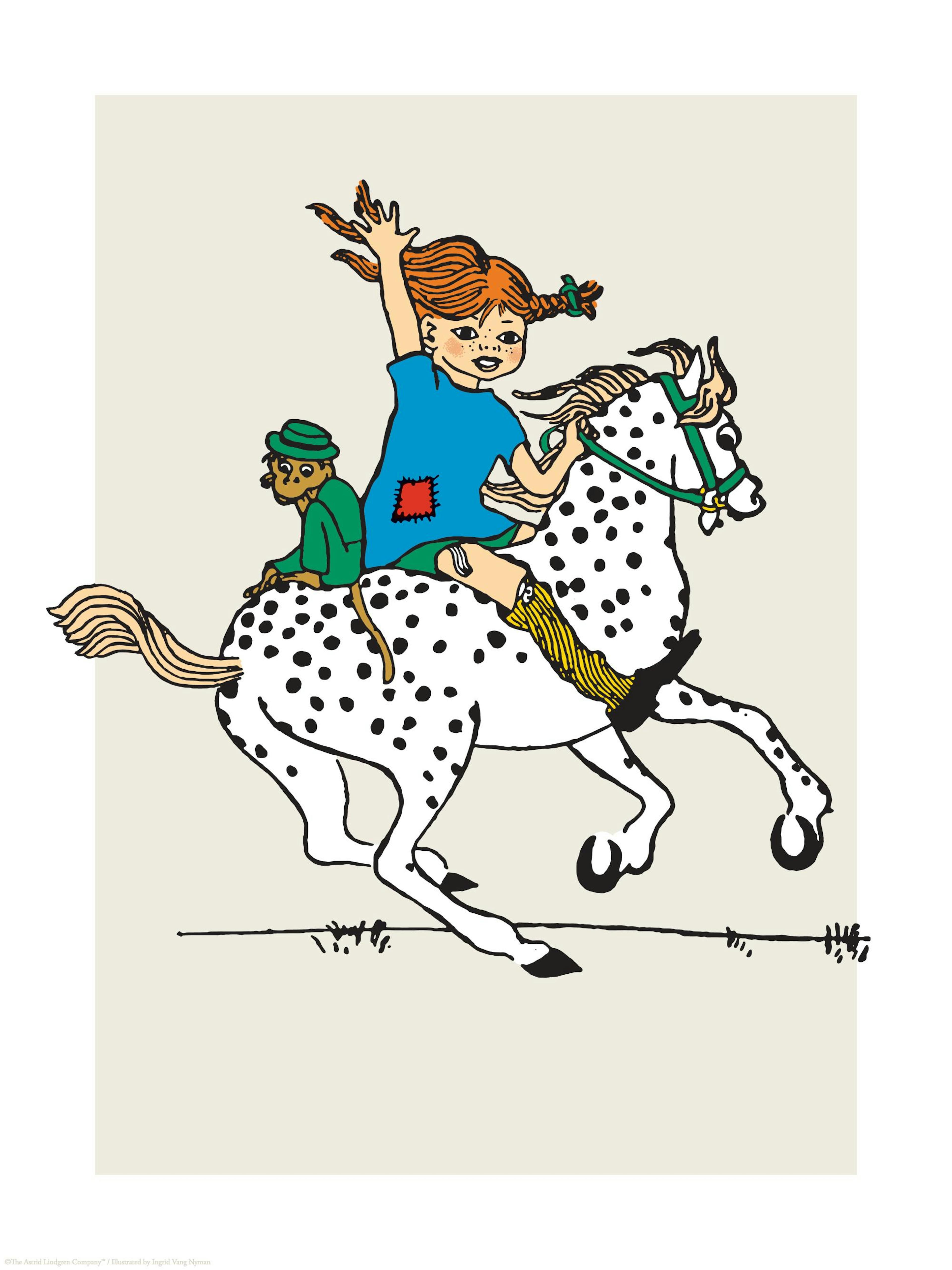 Pippi Langstrumpf reitet ihr gepunktetes Pferd mit Herrn Nilsson auf dem Rücken, eine fröhliche Kinderillustration.