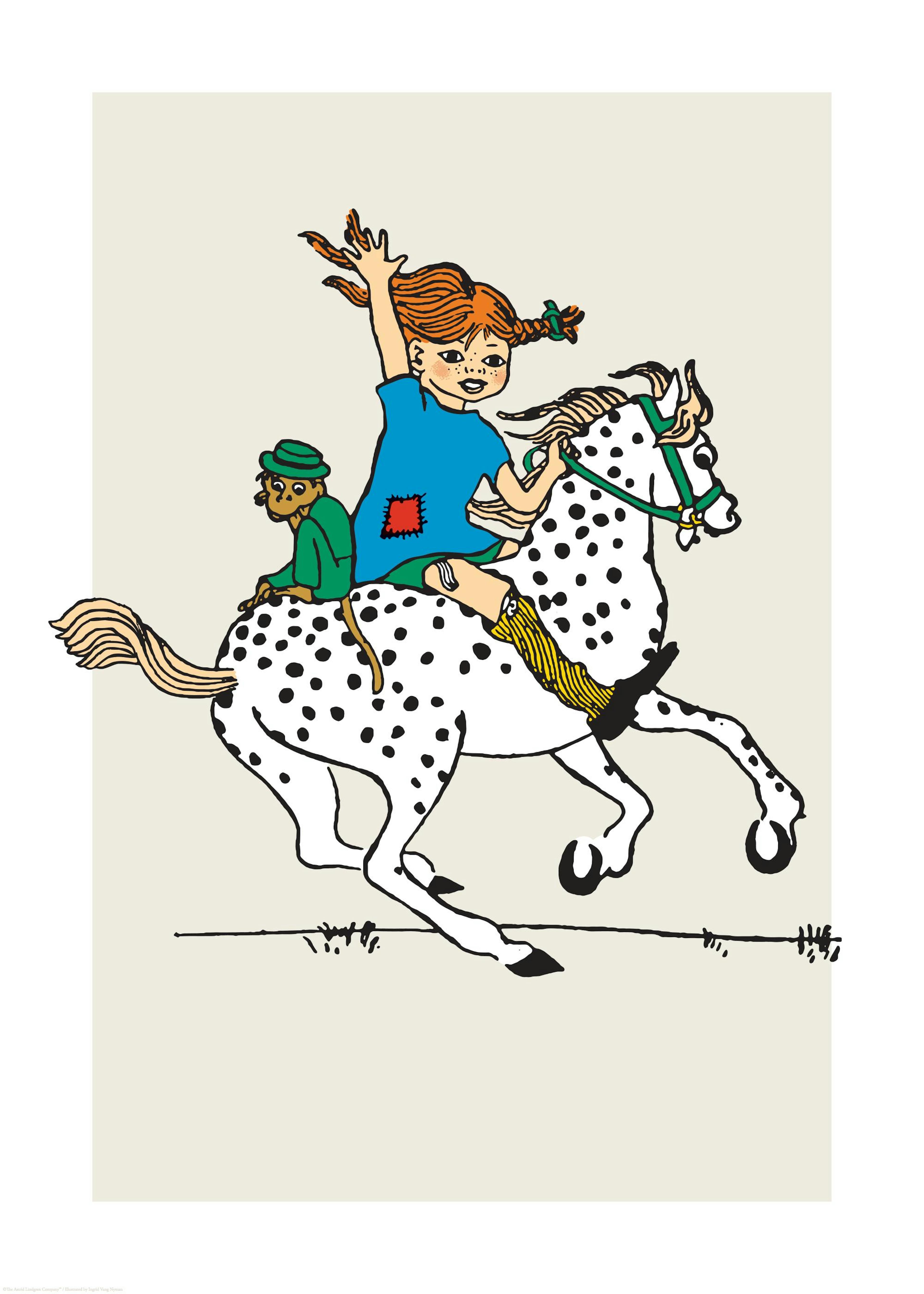 Pippi Longstocking riding a spotted horse with Mr. Nilsson, a playful childrens print poster.