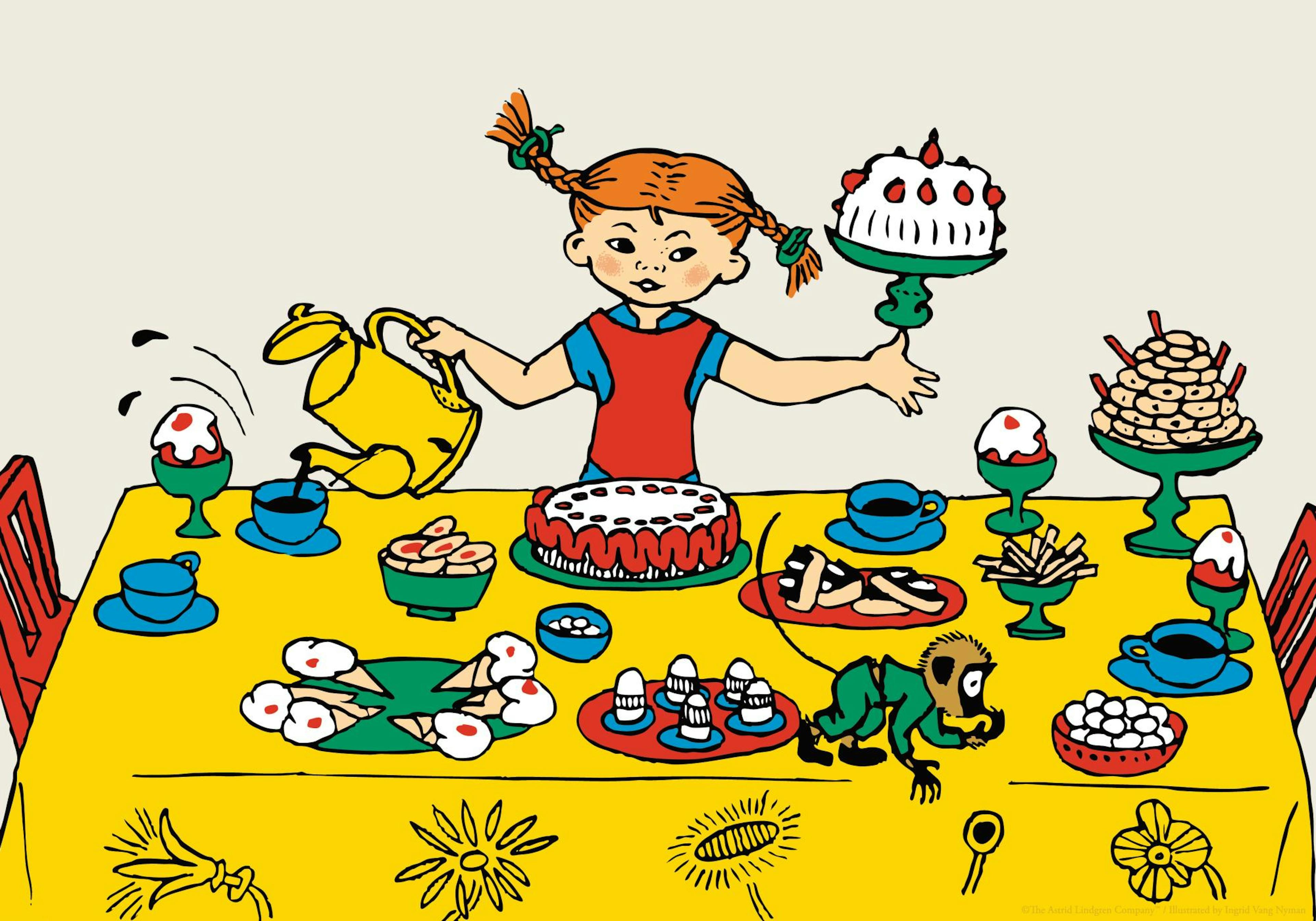 Pippi Langstrømpe ved et festbord fyldt med mad, kage, og en abe, illustreret i livlige farver.