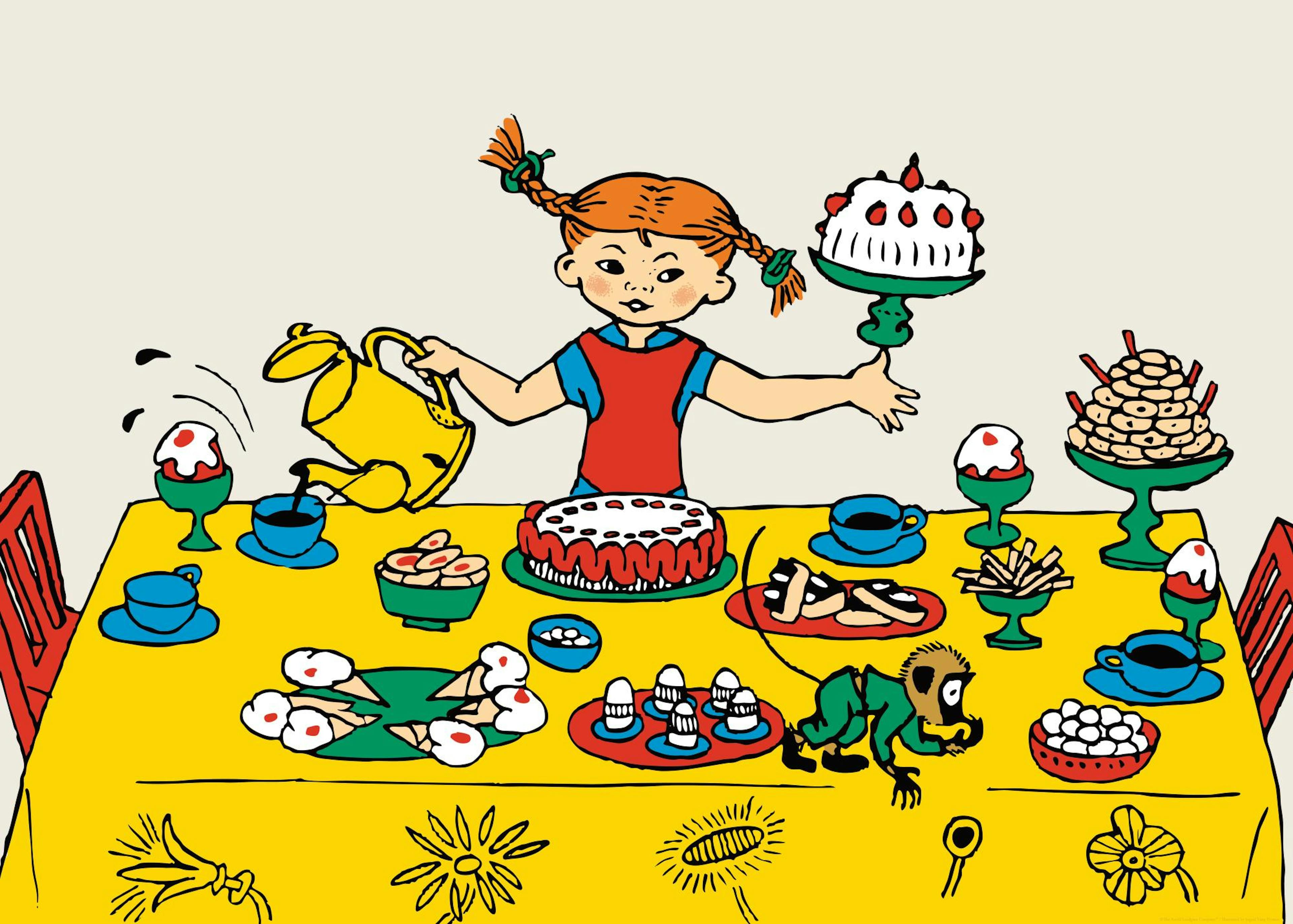 Pippi Longstocking cartoon print with Pippi at a table laden with food, a monkey, and cakes on a yellow poster