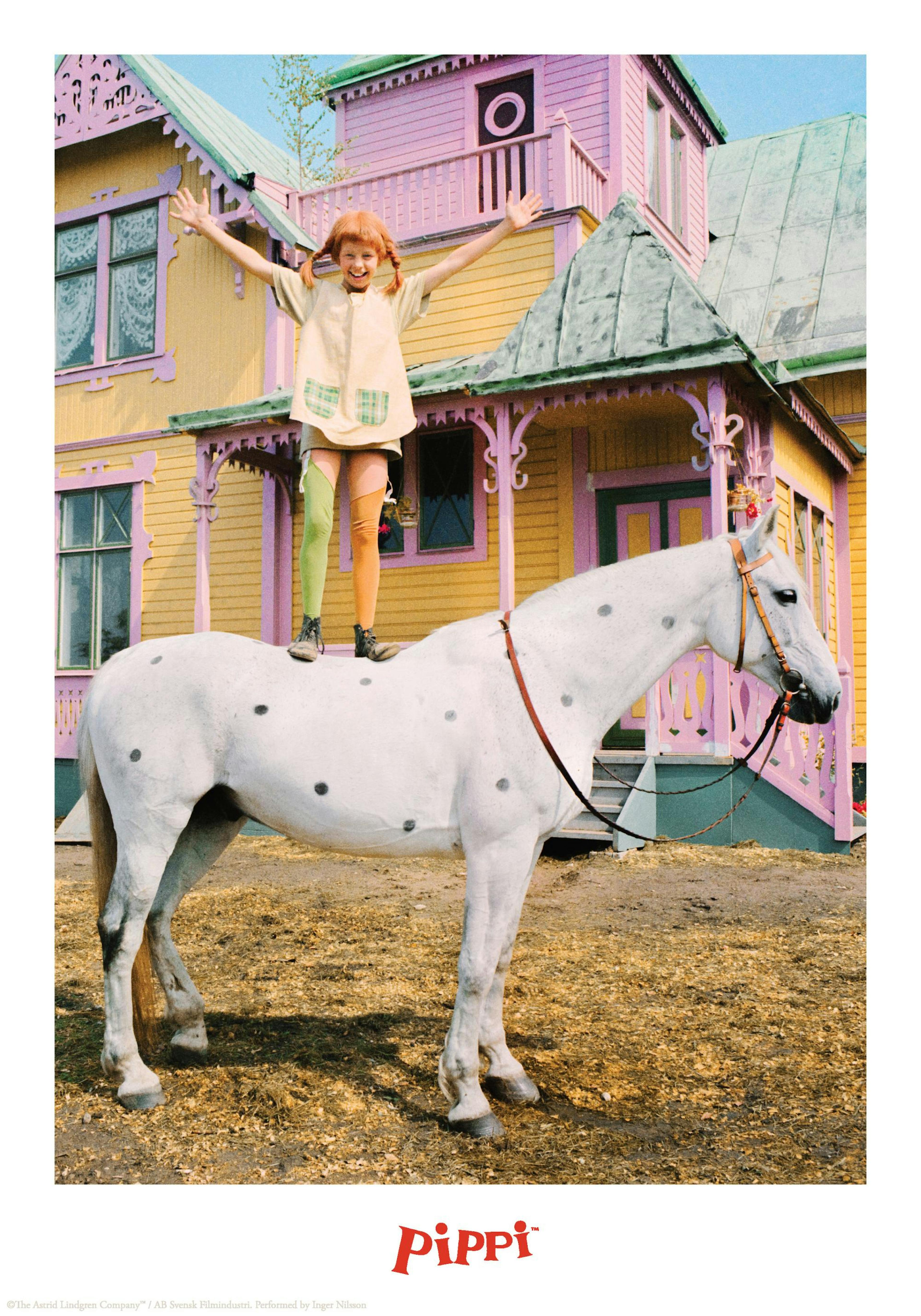 Pippi Longstocking standing on the white horse Little Old Man in front of a yellow and pink house. Childrens poster.