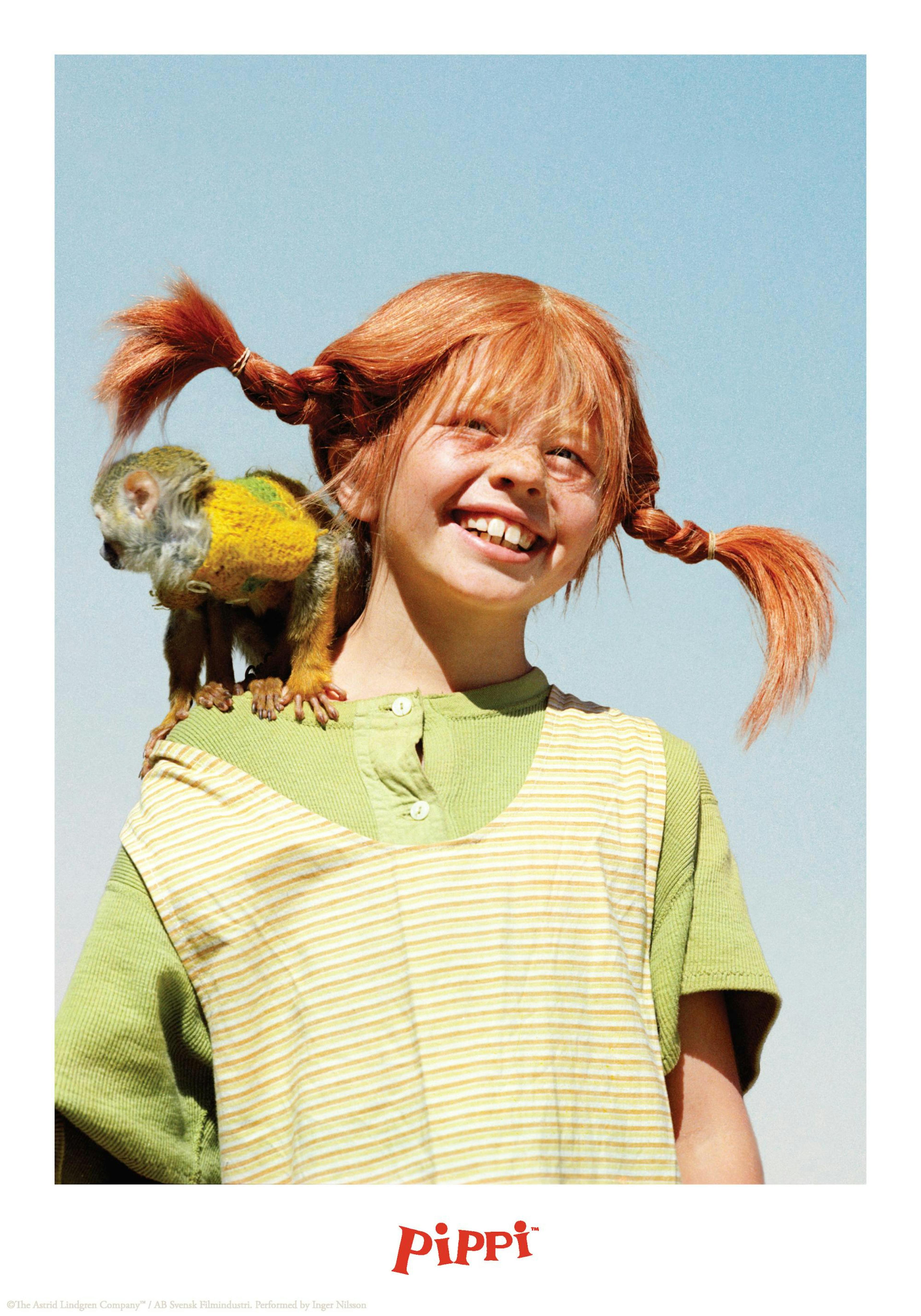 Pippi Calzelunghe sorridente con la scimmia Signor Nilsson sulla spalla, poster per bambini