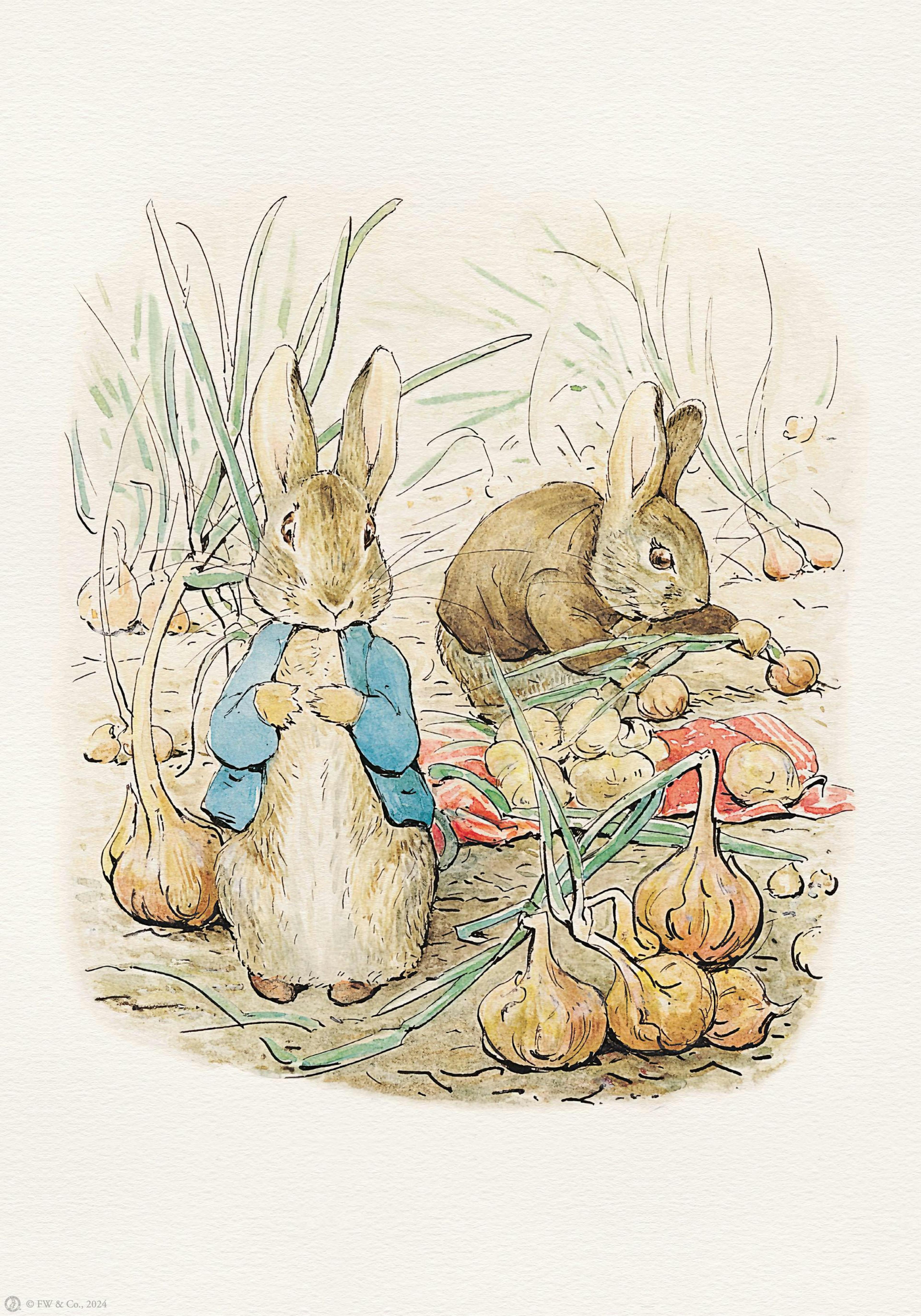 파란 재킷을 입은 피터 래빗이 양파 더미 앞에 서 있고, 다른 토끼가 양파에 기대어 있는 귀여운 동물 포스터.