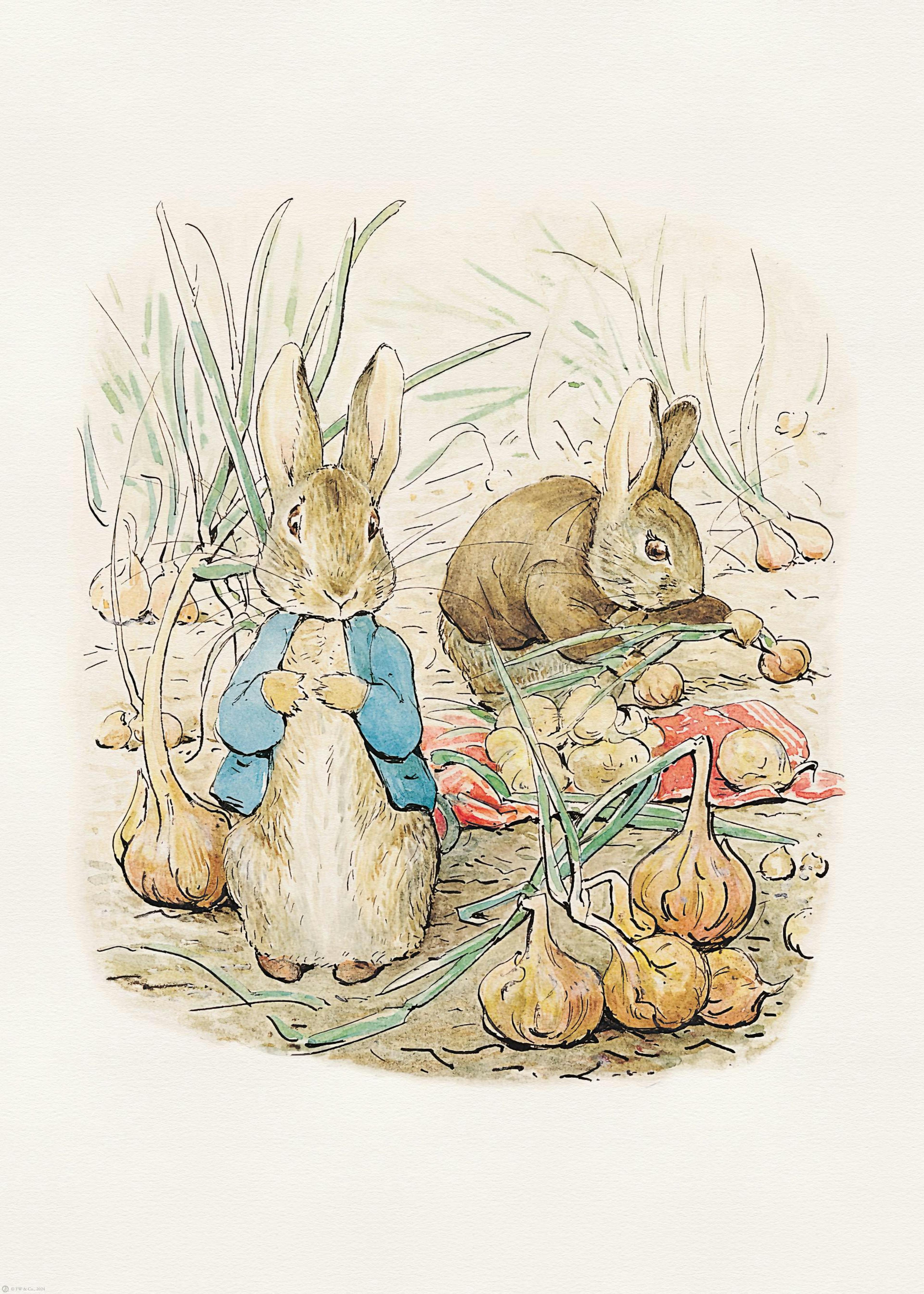 Poster: Zwei Kaninchen, darunter Peter Hase im blauen Jackett, umgeben von Zwiebeln und Grünzeug.