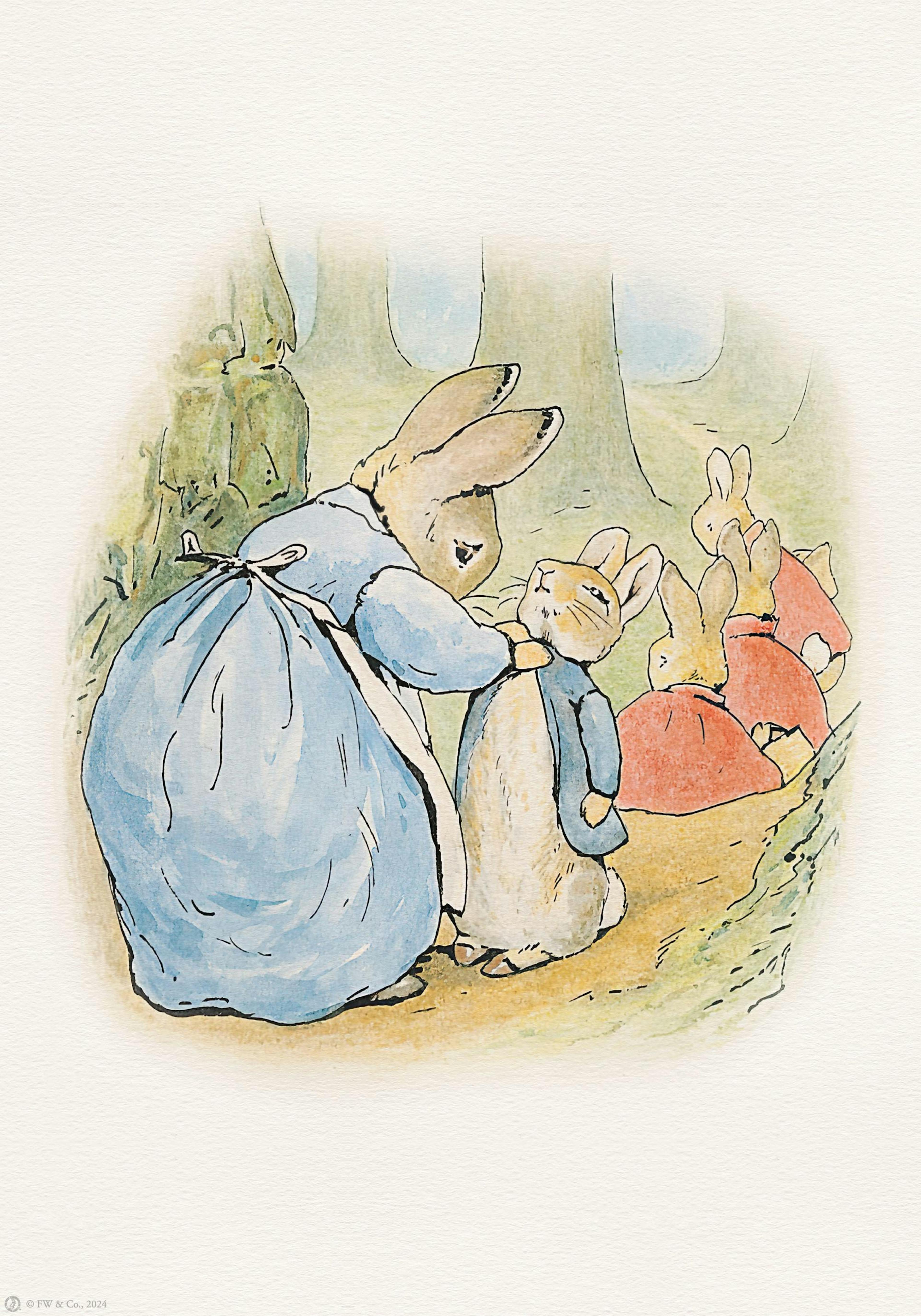 어머니 토끼가 아기 토끼의 옷을 매만지는 모습과 다른 아기 토끼들이 뒤에 서 있는 피터 래빗 동화 포스터