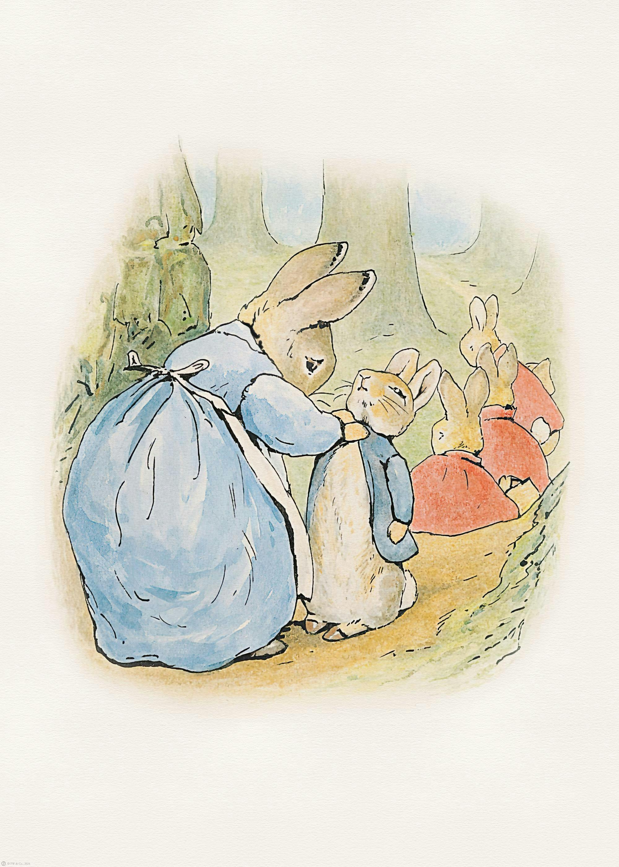 A Beatrix Potter print featuring Mrs. Rabbit adjusting Peter Rabbits jacket while his siblings look on.