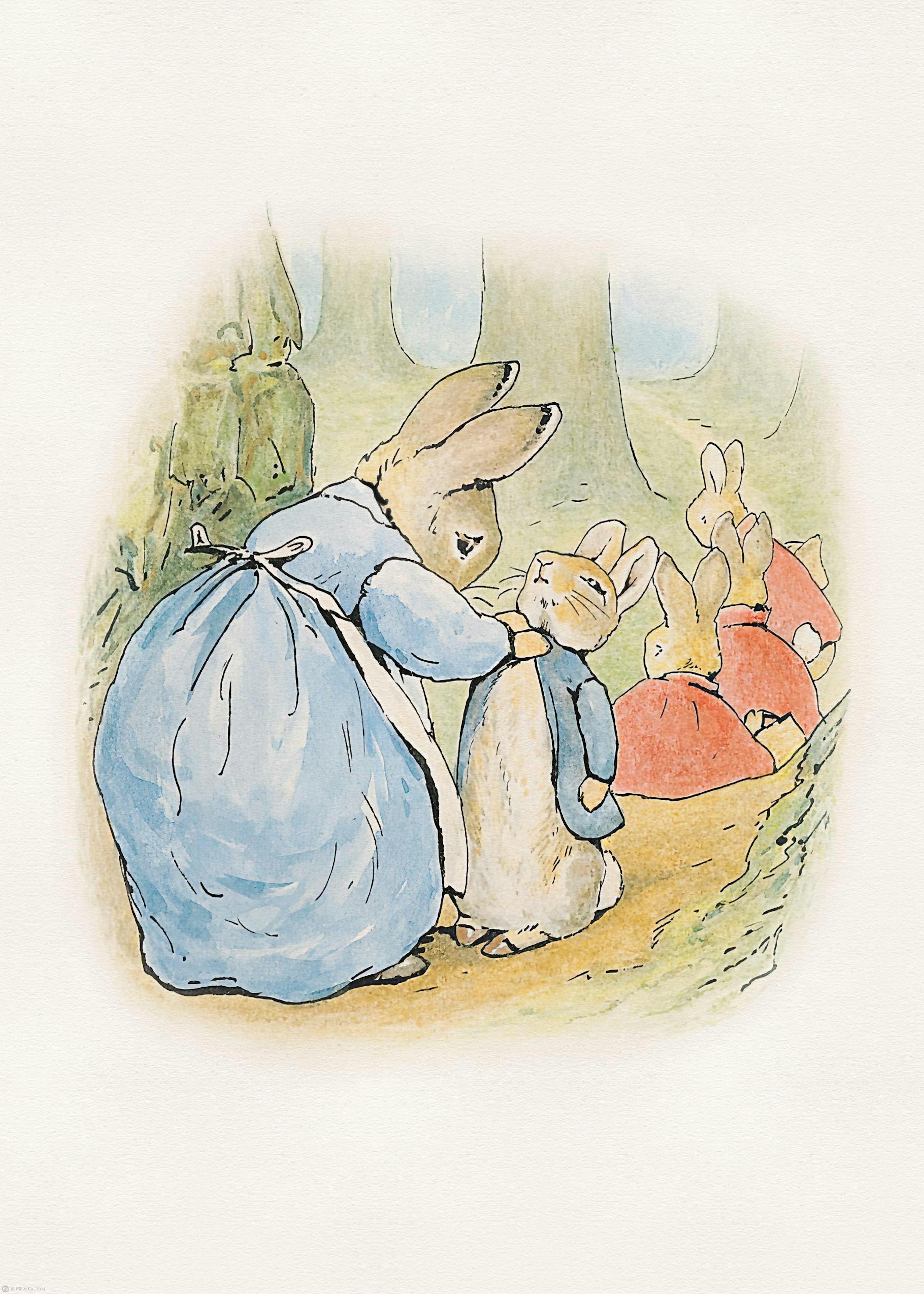 A Beatrix Potter print featuring Mrs. Rabbit adjusting Peter Rabbits jacket while his siblings look on.