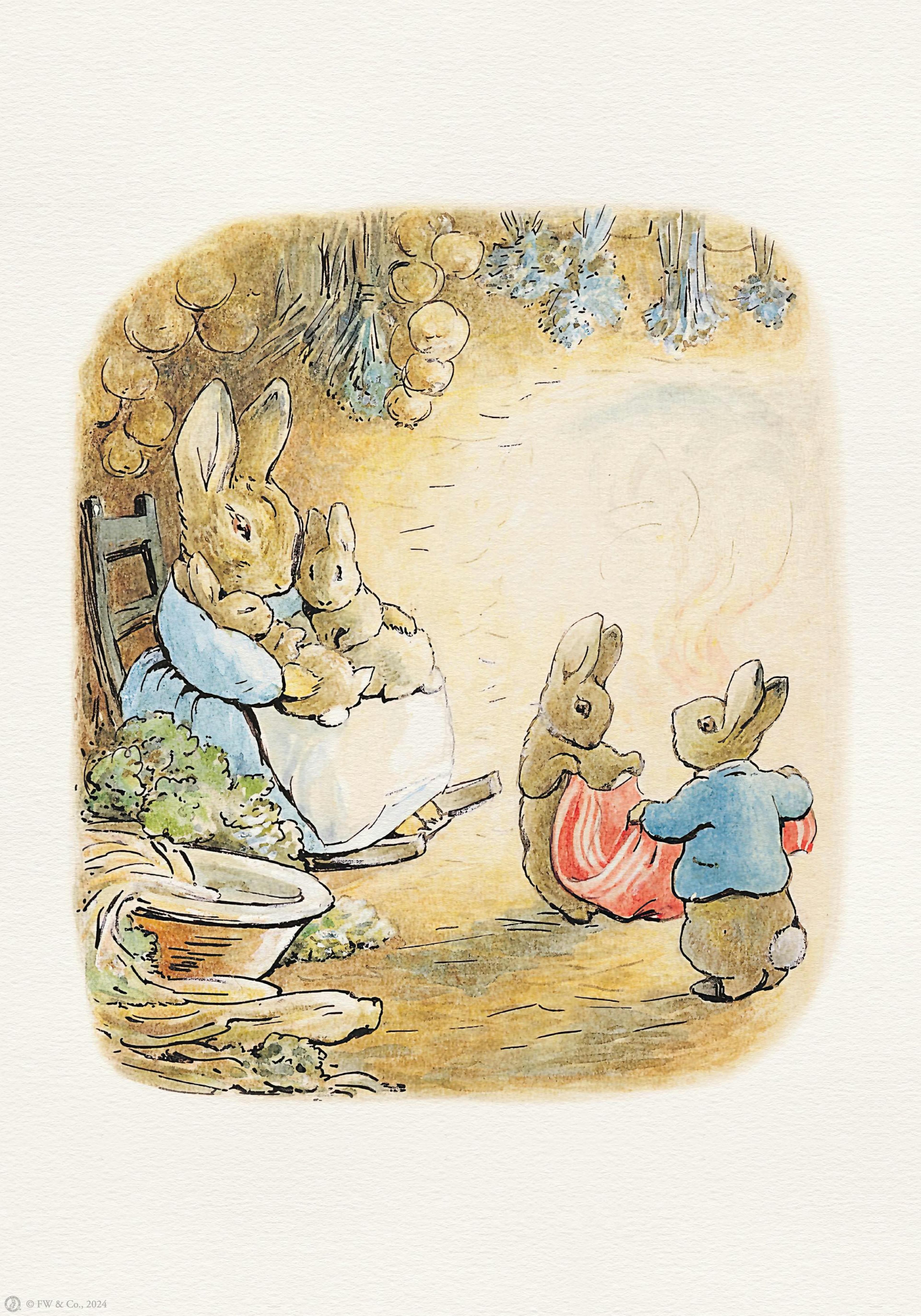 Peter Rabbit poster: moeder konijn met jongen, twee konijnen spelen bij een vuur.