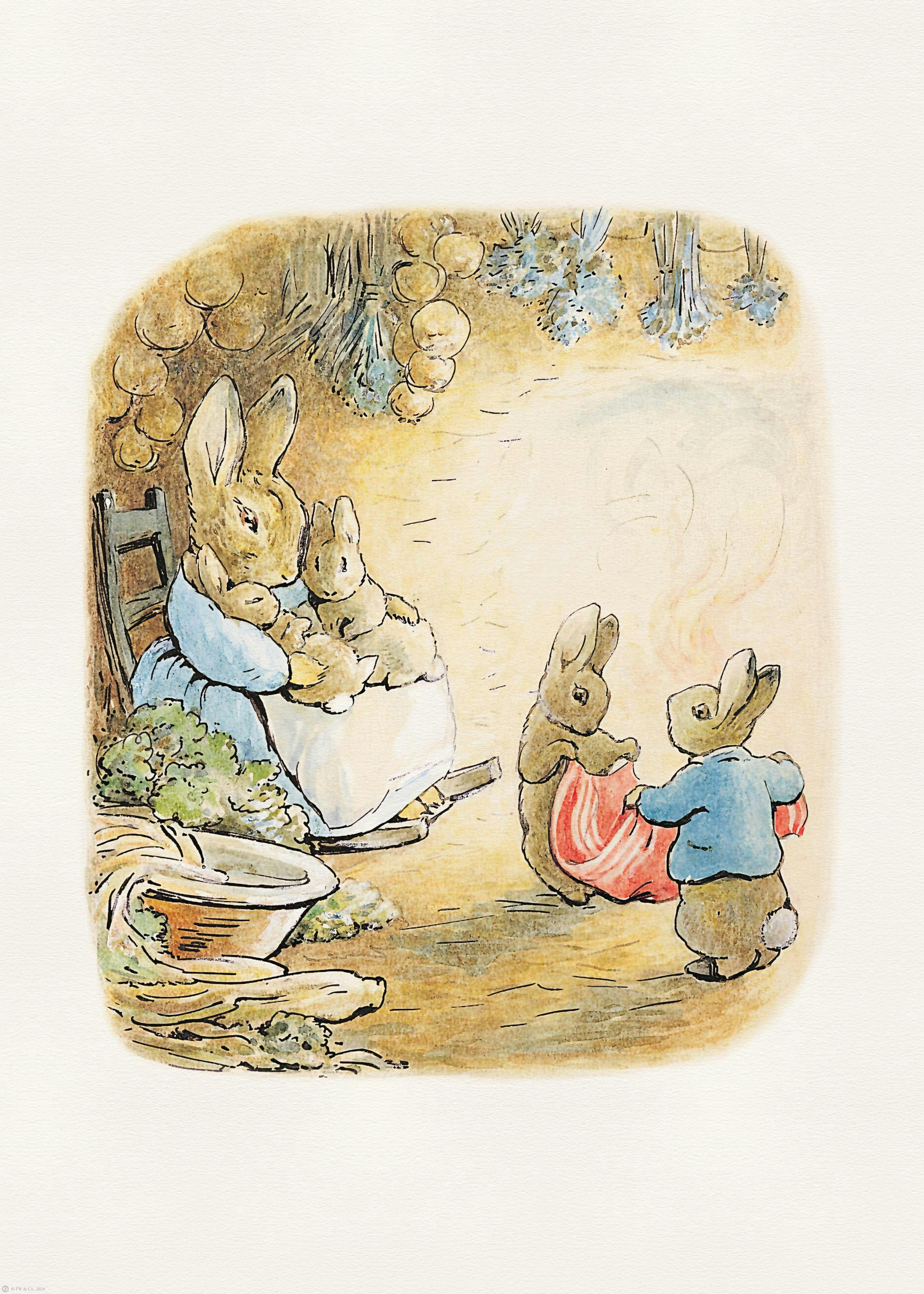 A charming print of Beatrix Potters rabbits, with a mother rabbit holding her young as two other rabbits tend a fire.