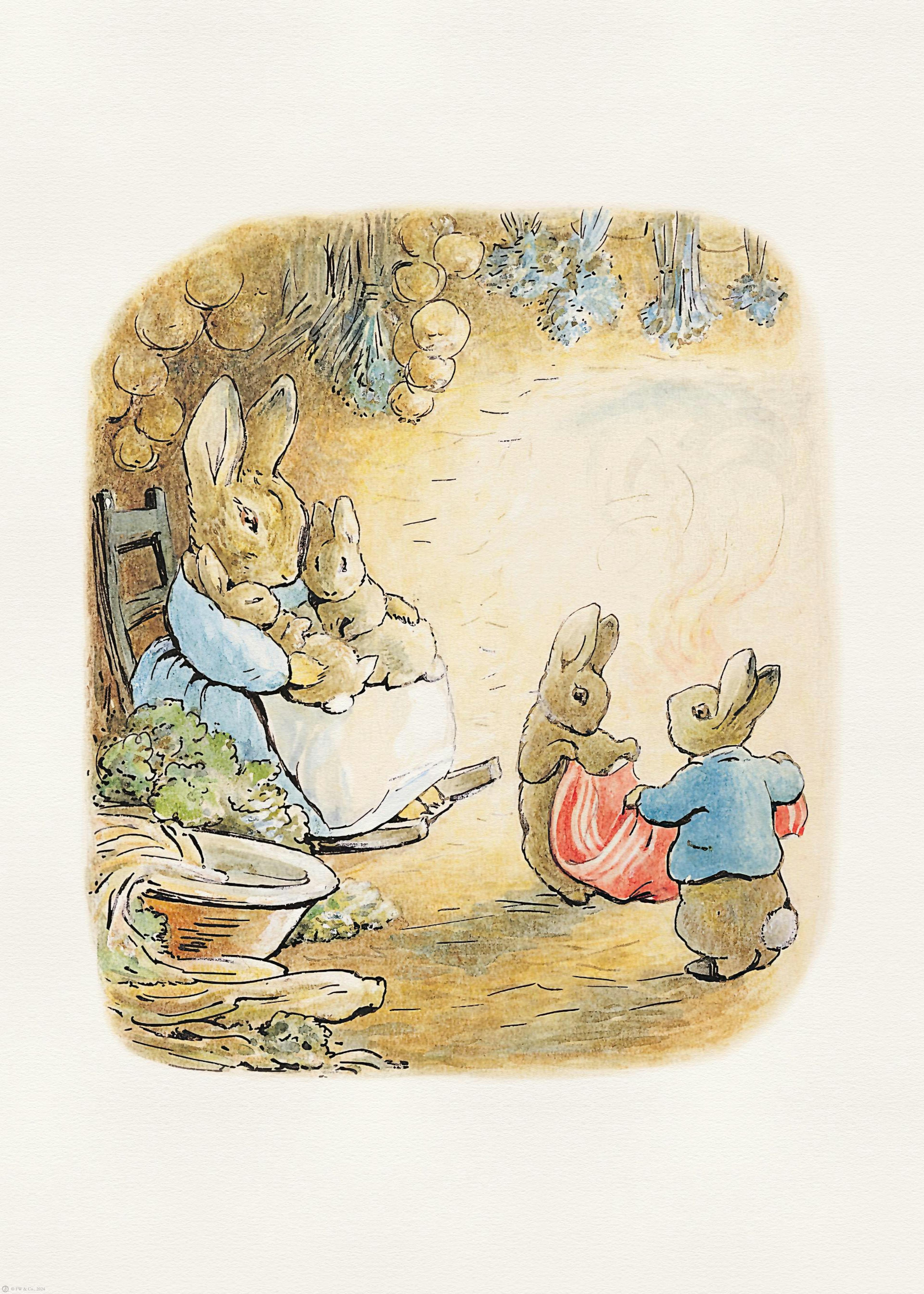 A charming print of Beatrix Potters rabbits, with a mother rabbit holding her young as two other rabbits tend a fire.