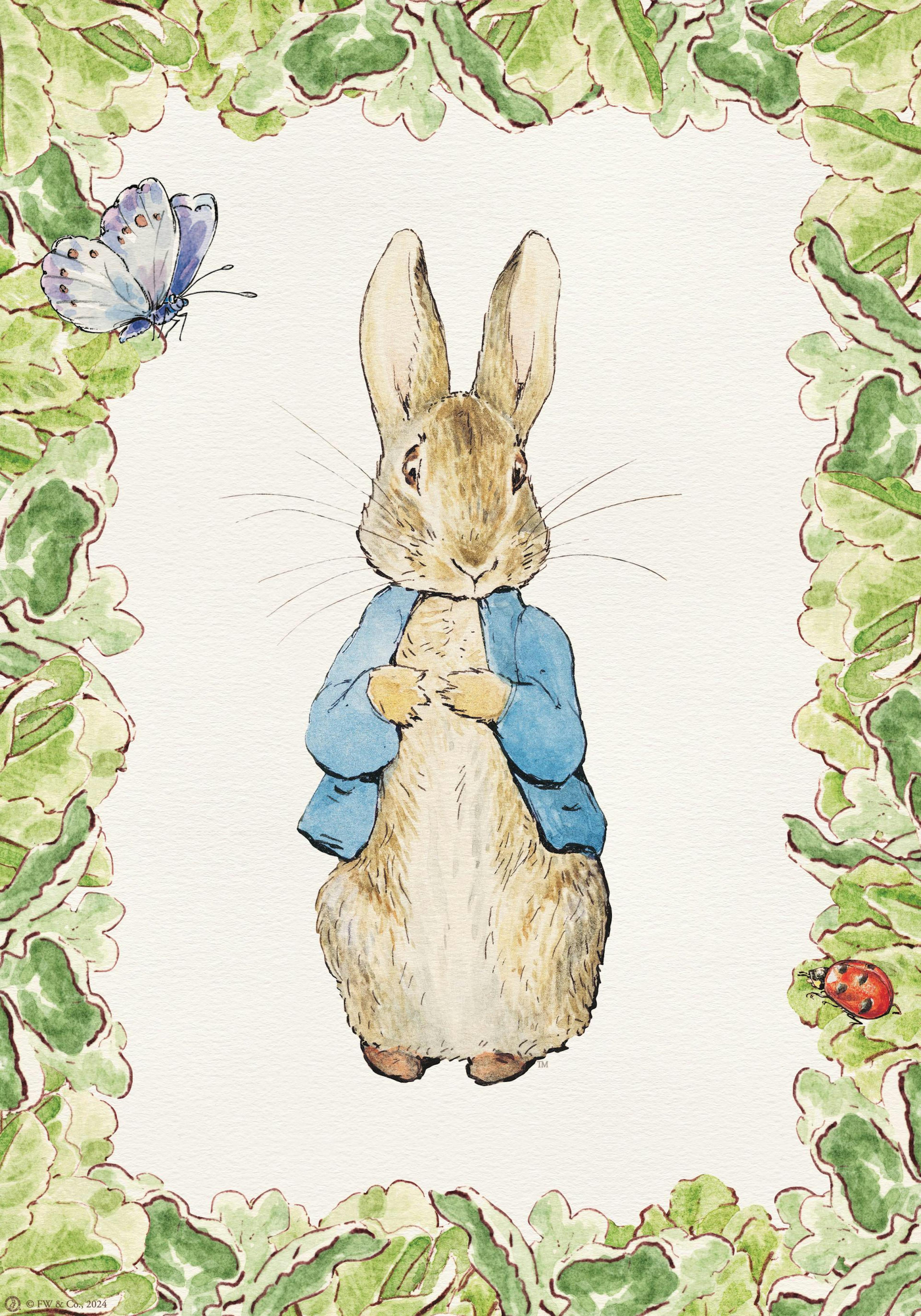 Een poster met Peter Konijn in blauw jasje, omringd door groene bladeren, een vlinder en lieveheersbeestje.