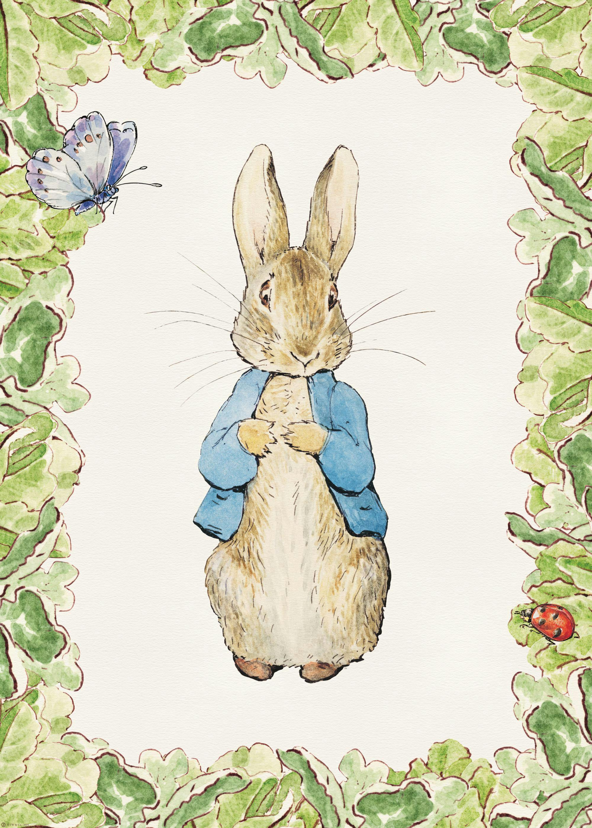 A print of Peter Rabbit in his blue jacket, surrounded by a border of green leaves, a butterfly, and a ladybird.