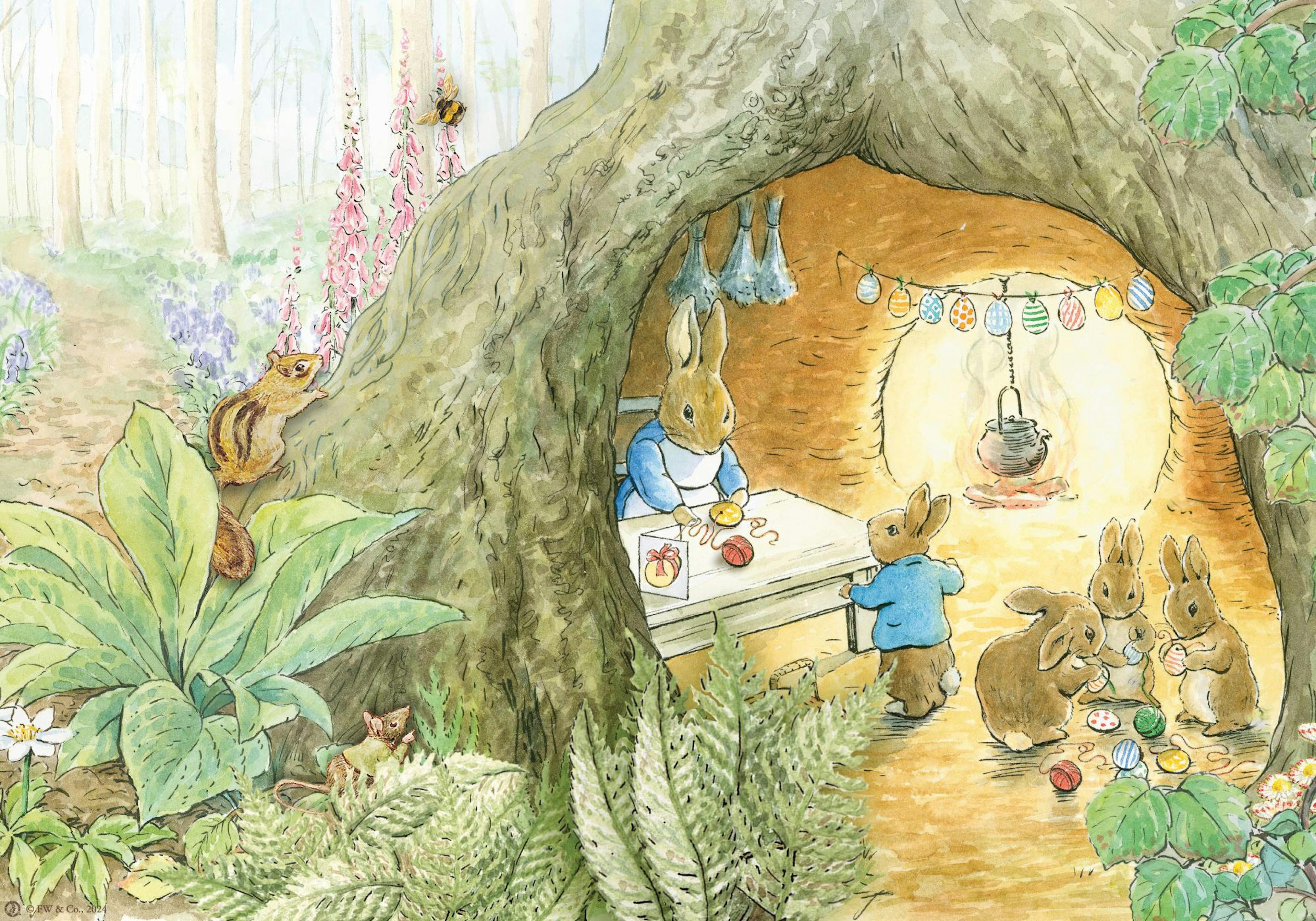 A print of Peter Rabbit and other bunnies in a whimsical burrow, decorating Easter eggs and cooking, surrounded by forest flora.