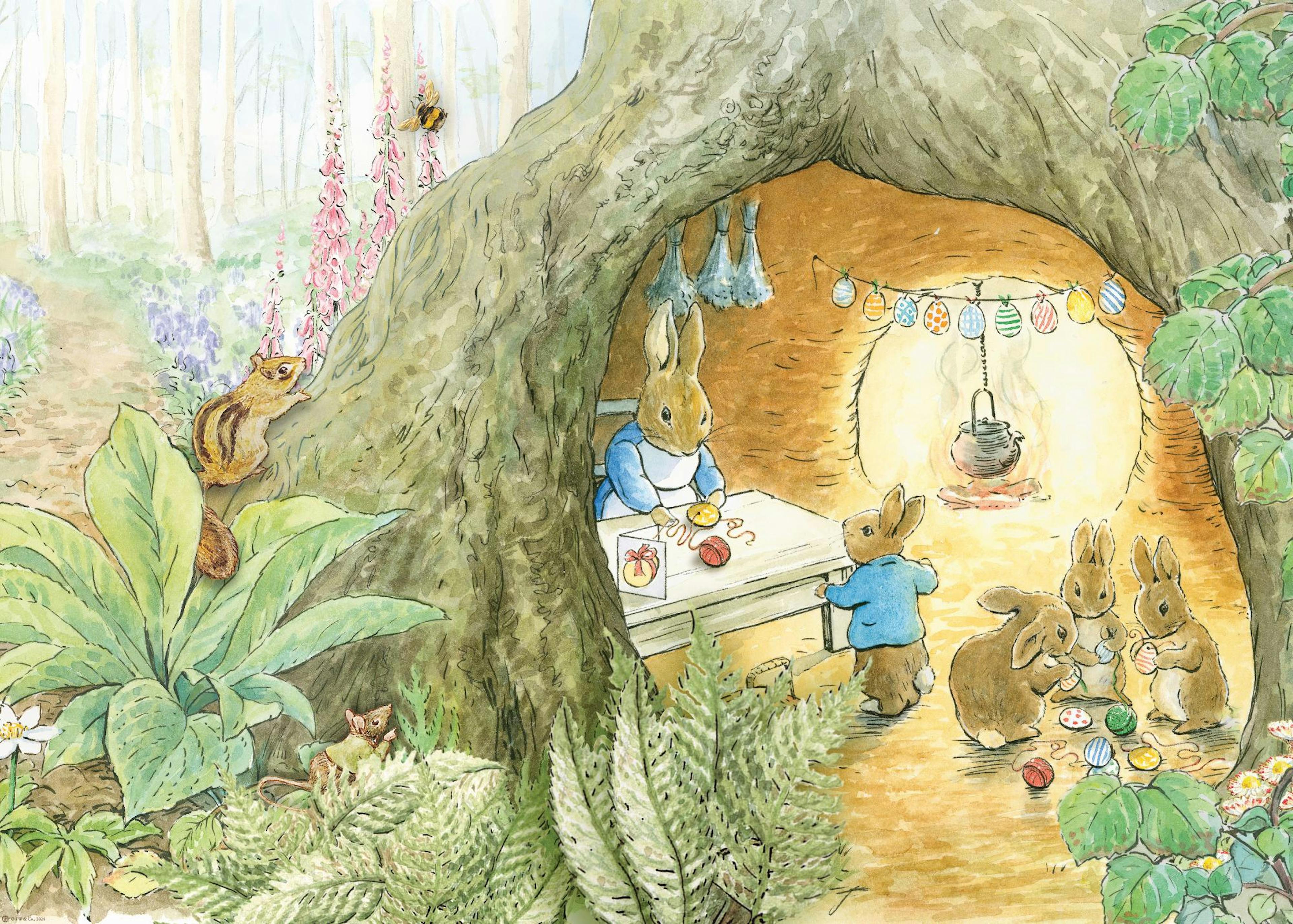 Poster con coniglietti nel bosco, alcuni decorano uova pasquali, altri lavorano in una tana dalbero.