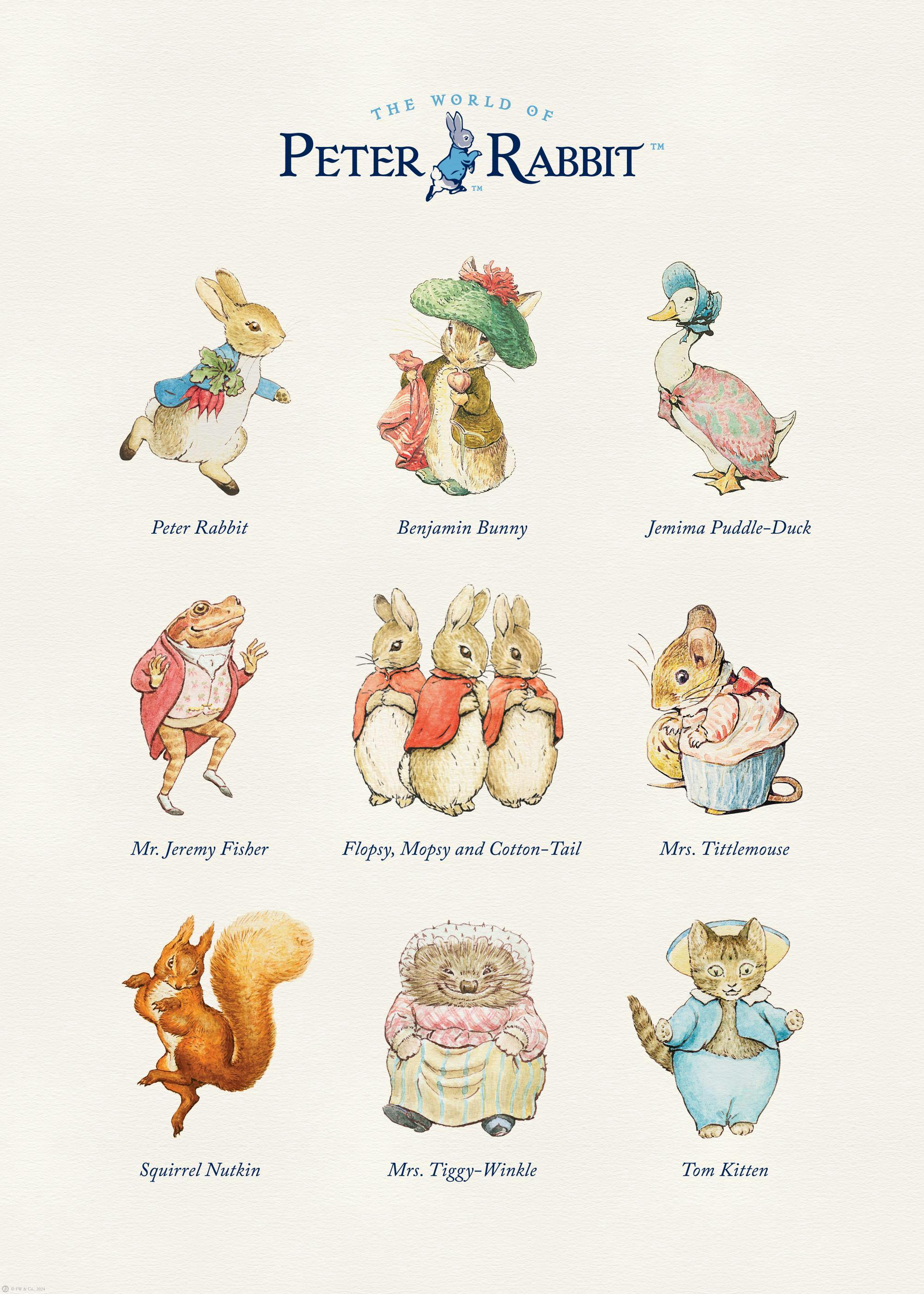 Poster com nove ilustrações aquareladas de personagens clássicos do mundo de Peter Rabbit.