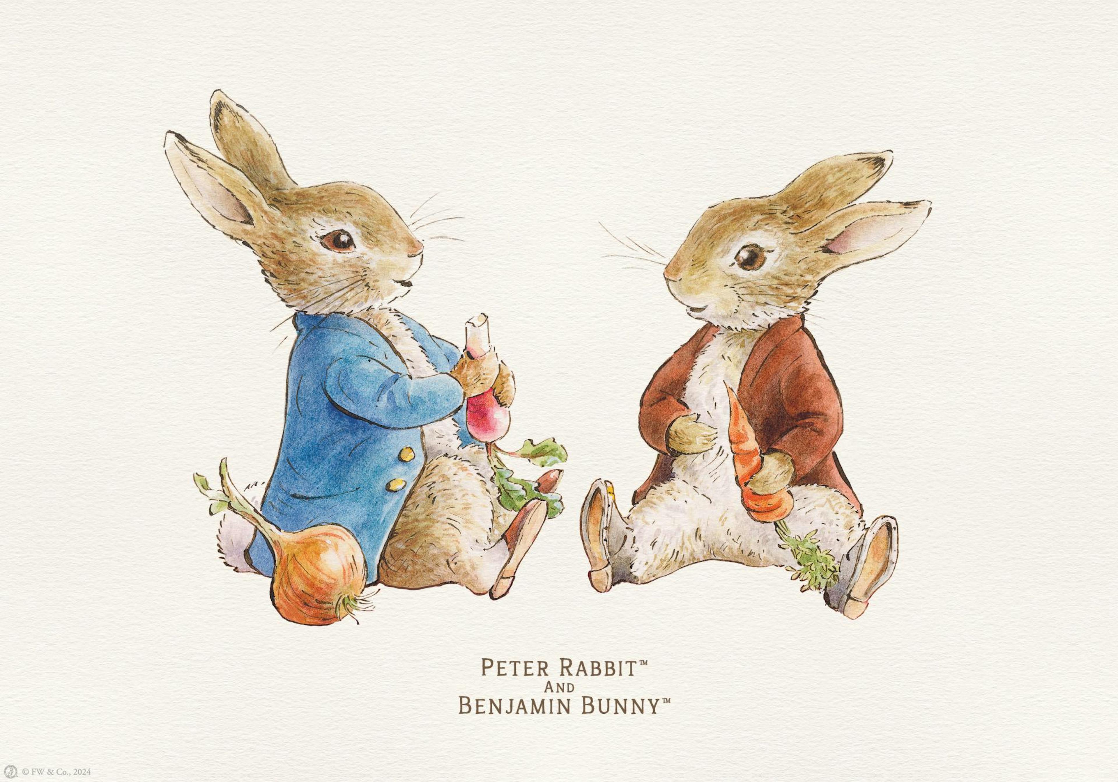 En plakat av Peter Rabbit og Benjamin Bunny som sitter, Peter med en løk og Benjamin med en gulrot.