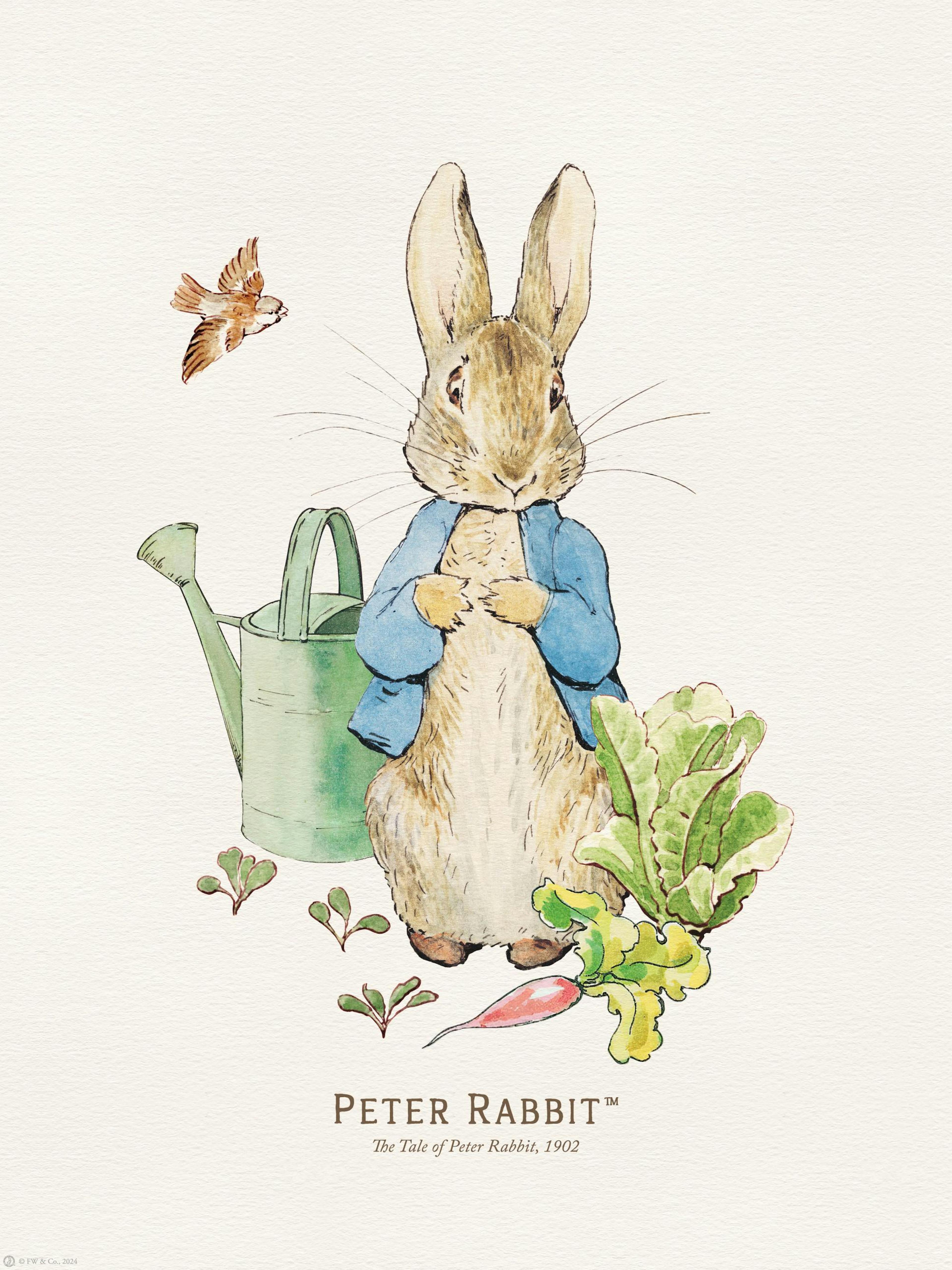 피터 래빗이 푸른 재킷을 입고 양동이와 채소 옆에 앉아 있는 수채화풍의 빈티지 포스터