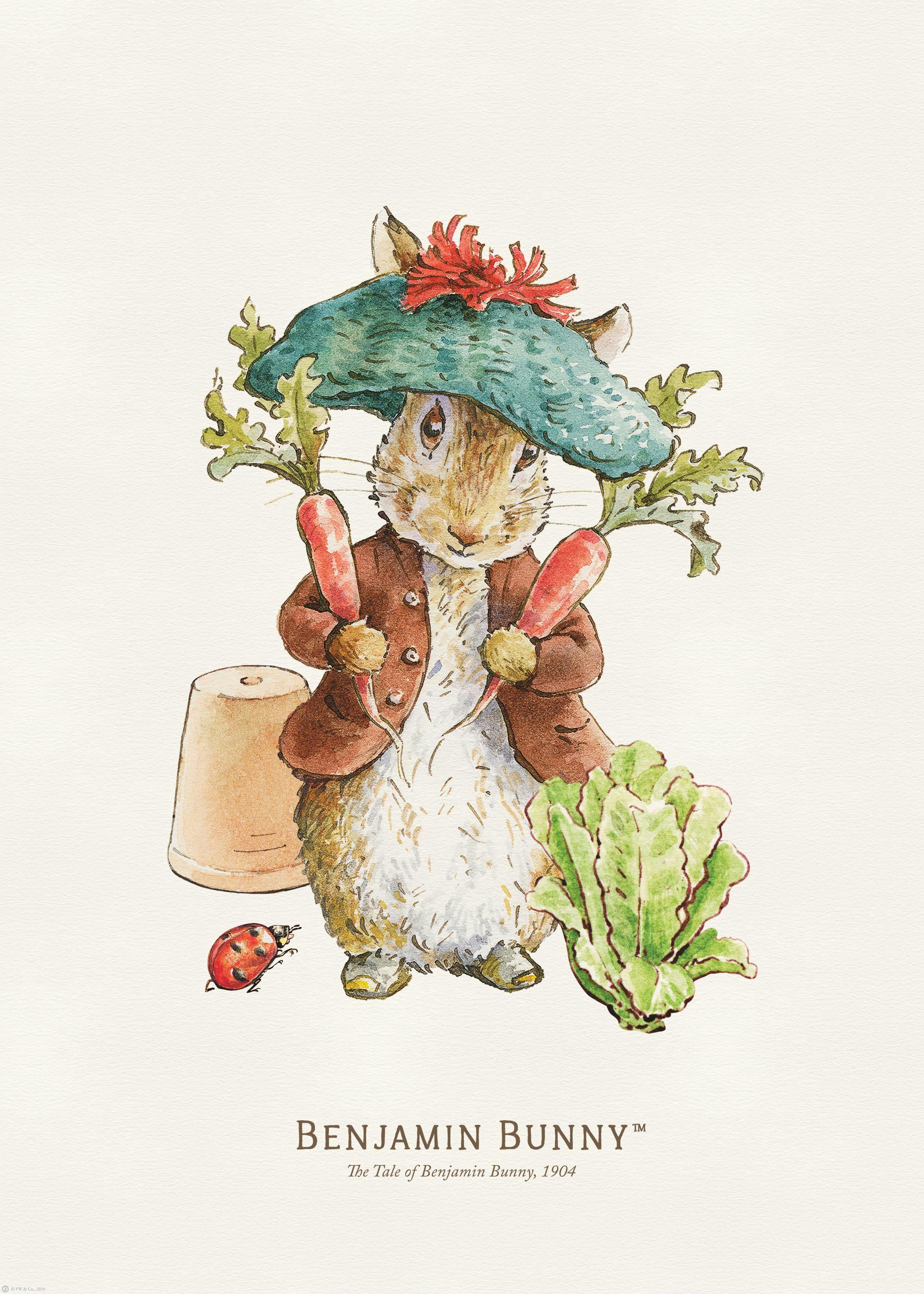 A Benjamin Bunny print, a cute rabbit in a brown jacket and blue hat, holding carrots, with a pot, lettuce, and ladybug.