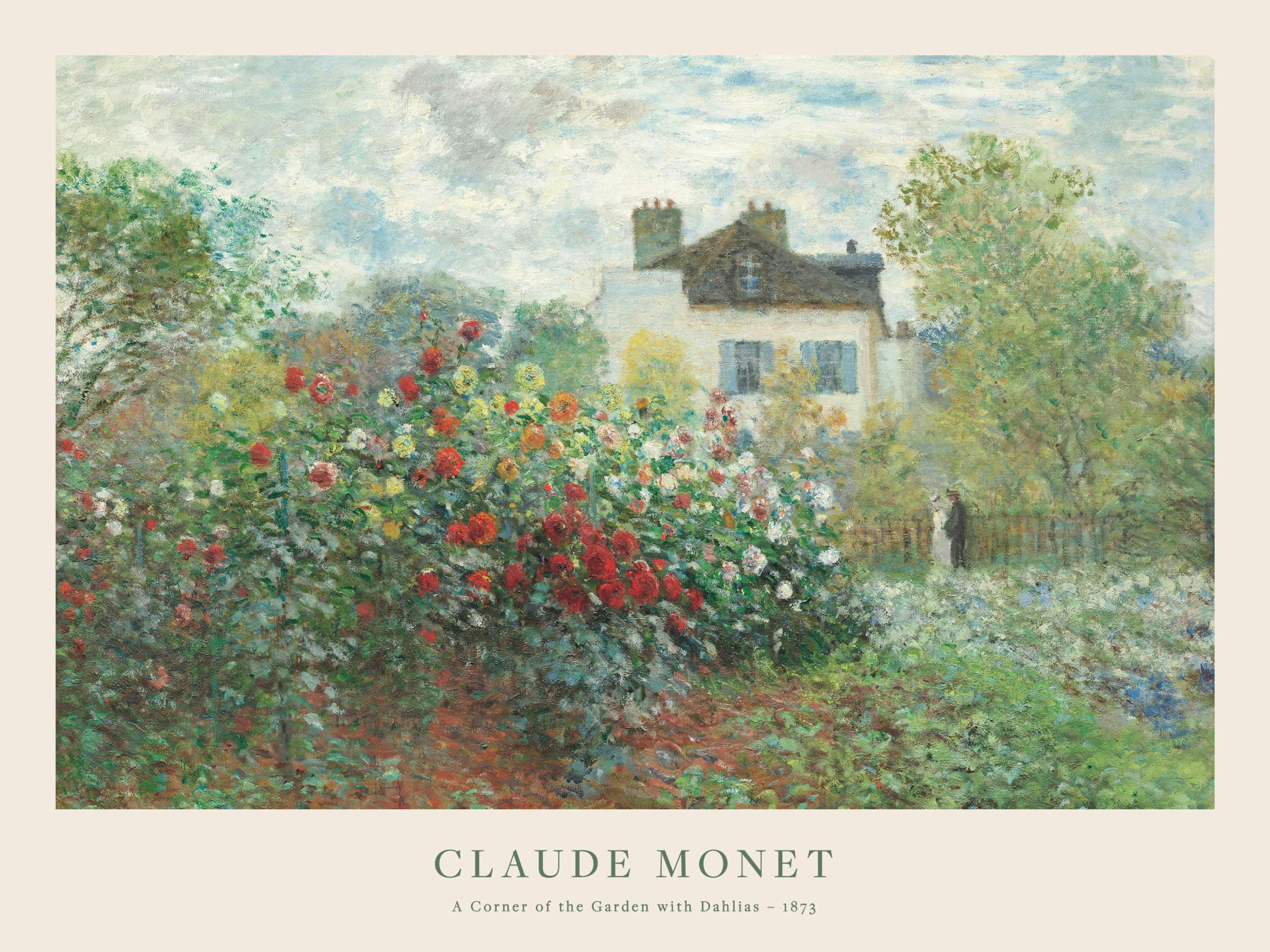 Claude Monet garden landscape with red, yellow, and white dahlias, house, trees, and cloudy sky.