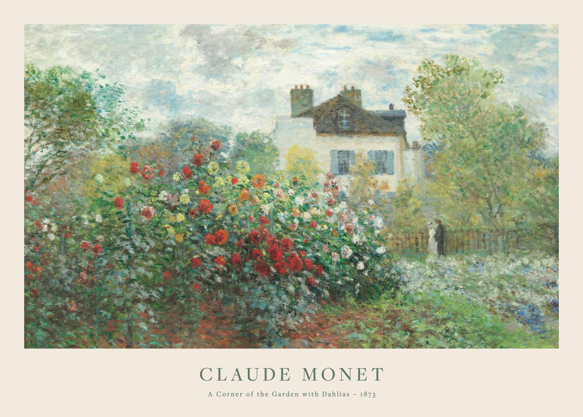 Monet garden print with red, yellow, and white dahlias, a house, trees, and sky with clouds. Poster art.
