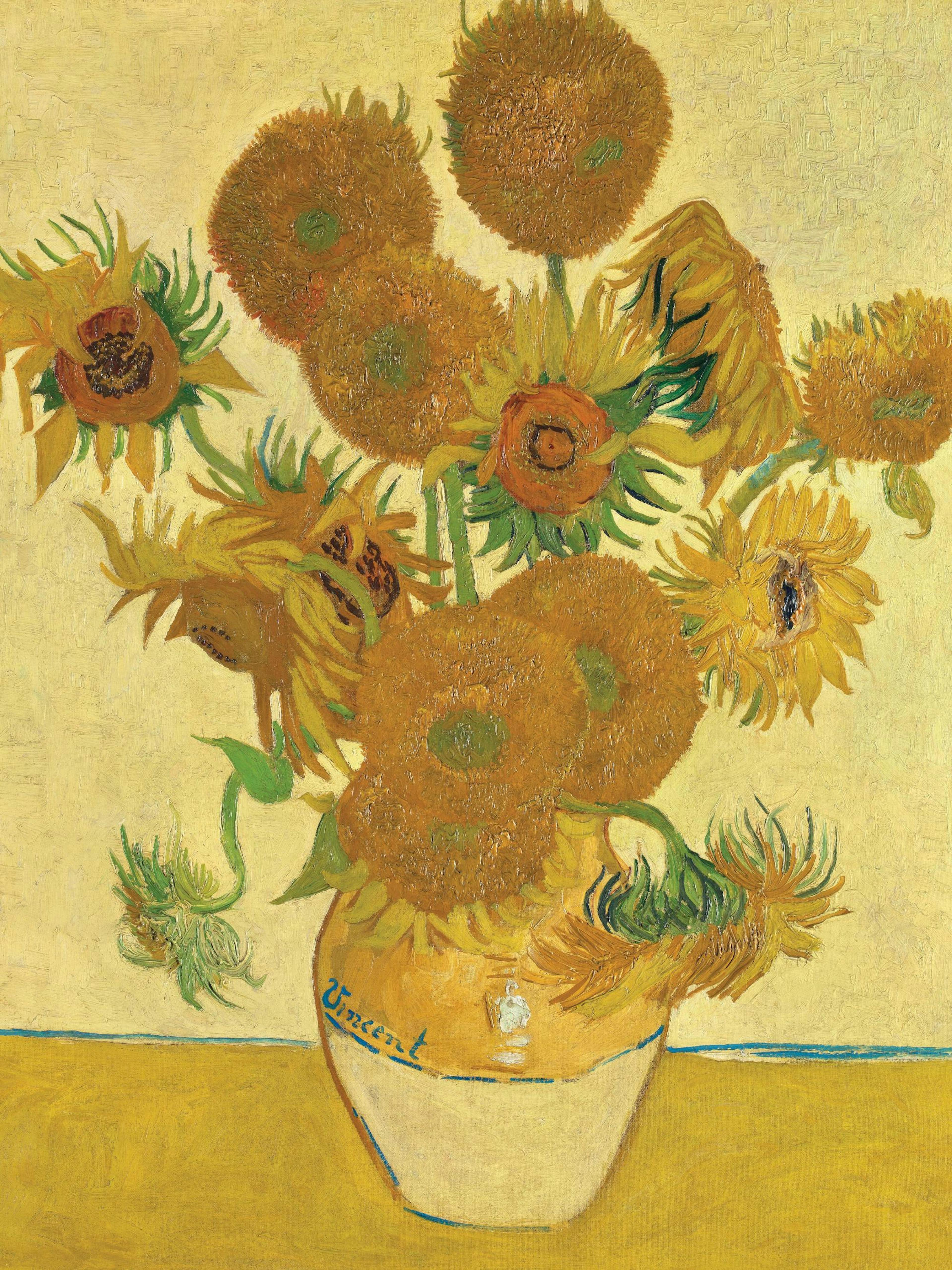 Van Gogh Zonnebloemen poster, schilderij van gele zonnebloemen in vaas met Vincent handtekening op lichte achtergrond.