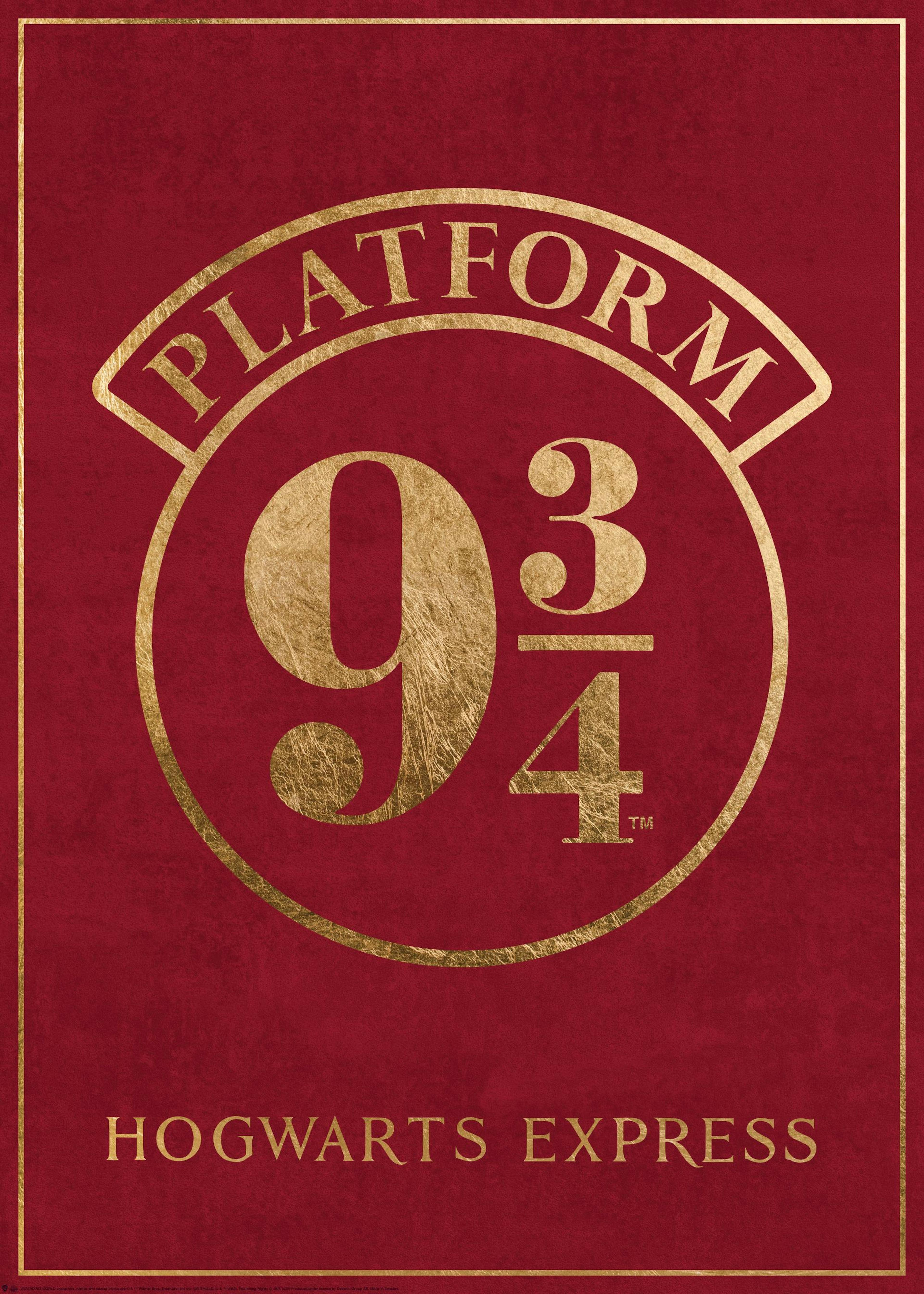 Harry Potter Platform 9 3/4 poster print with golden textured text on a burgundy background