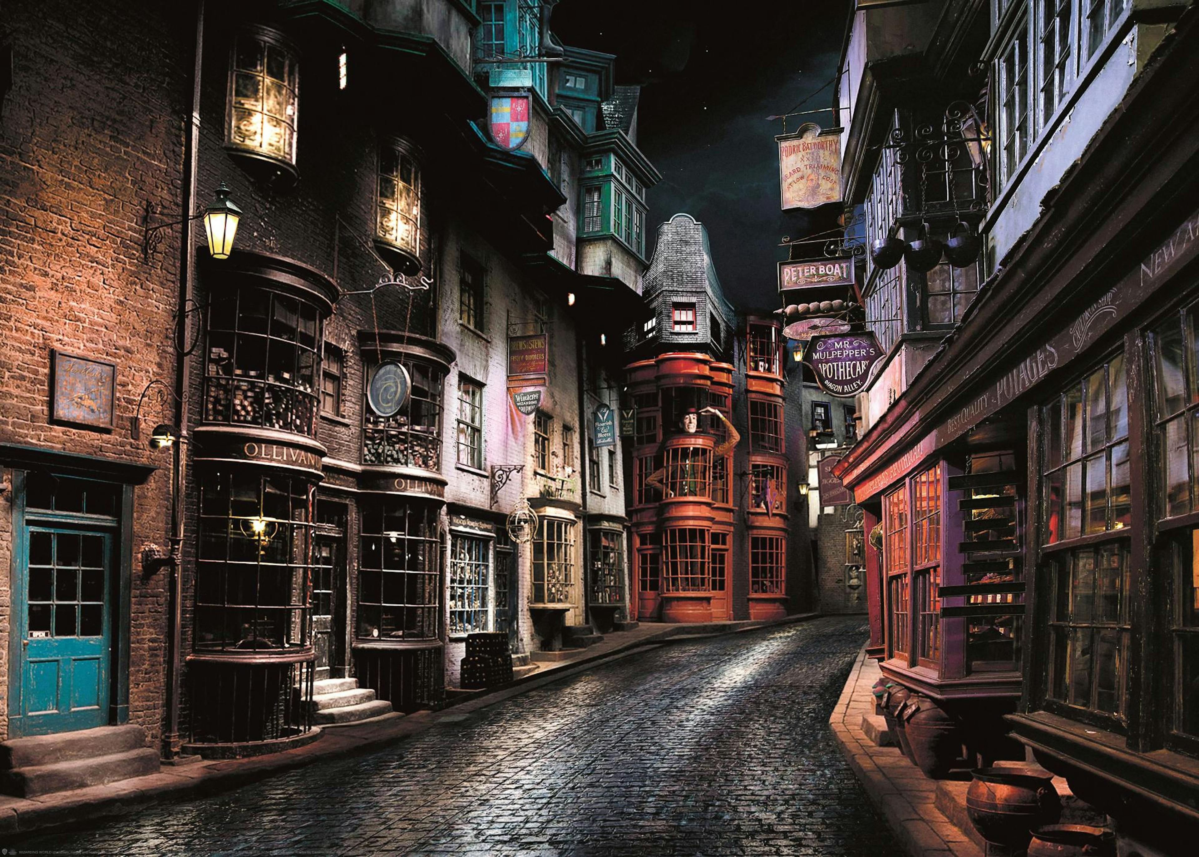 Harry Potter Diagon Alley plakat om natten. Brolagt gate med butikker som Ollivanders, varme lys i vinduene.