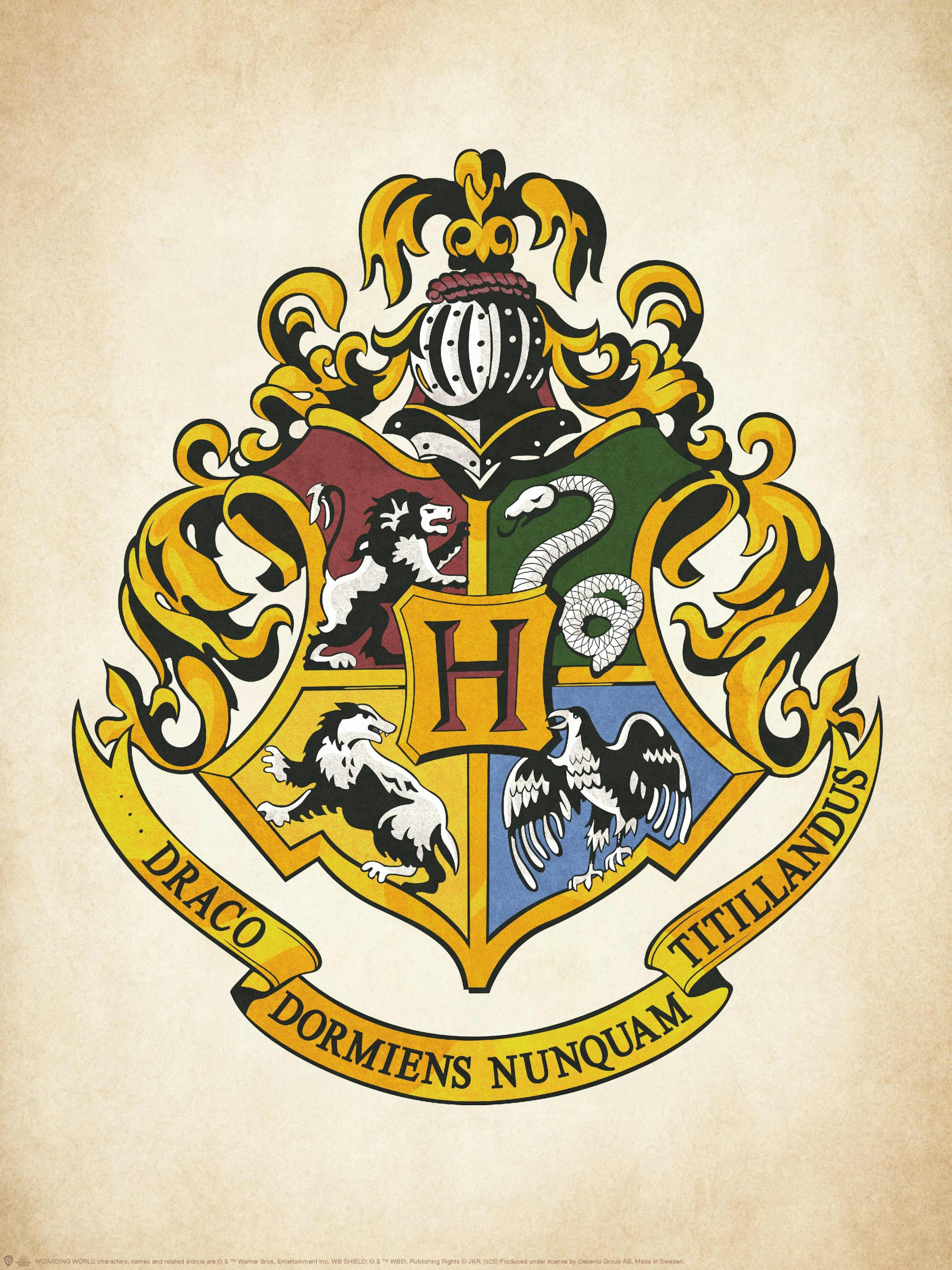 Harry Potter Hogwarts våbenskjold plakat med løve, slange, grævling, ørn på vintage baggrund. Harry Potter-merchandise.