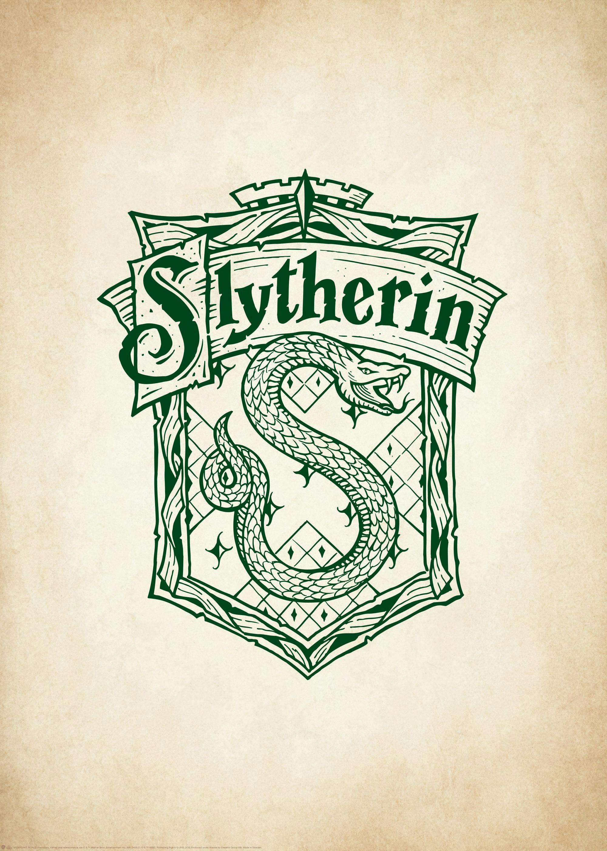 Harry Potter Slytherin house crest in dark green on a vintage beige background, featuring a serpent.