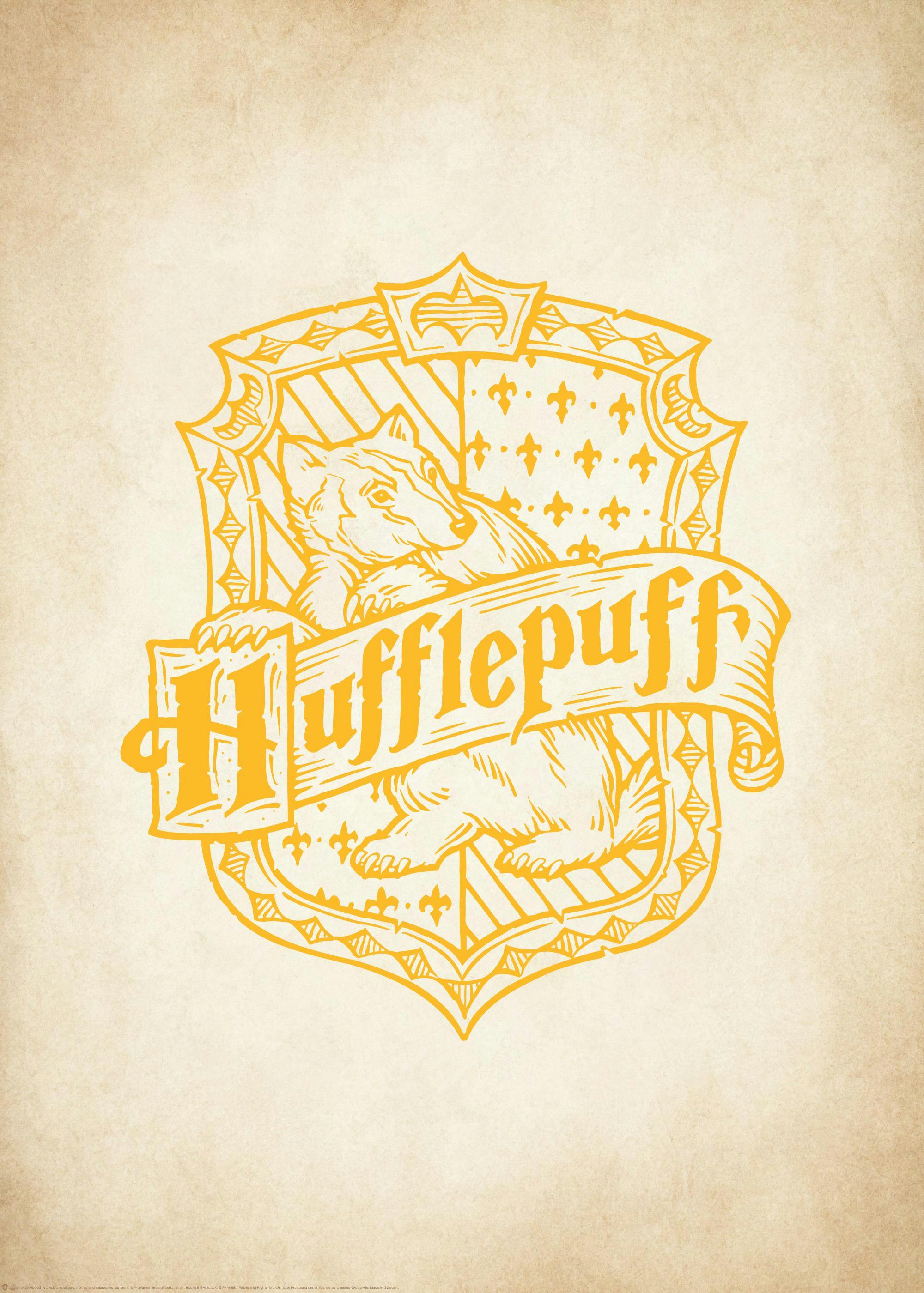 Stemma Tassorosso Harry Potter™ arancione, tasso e nome su sfondo pergamena vintage.