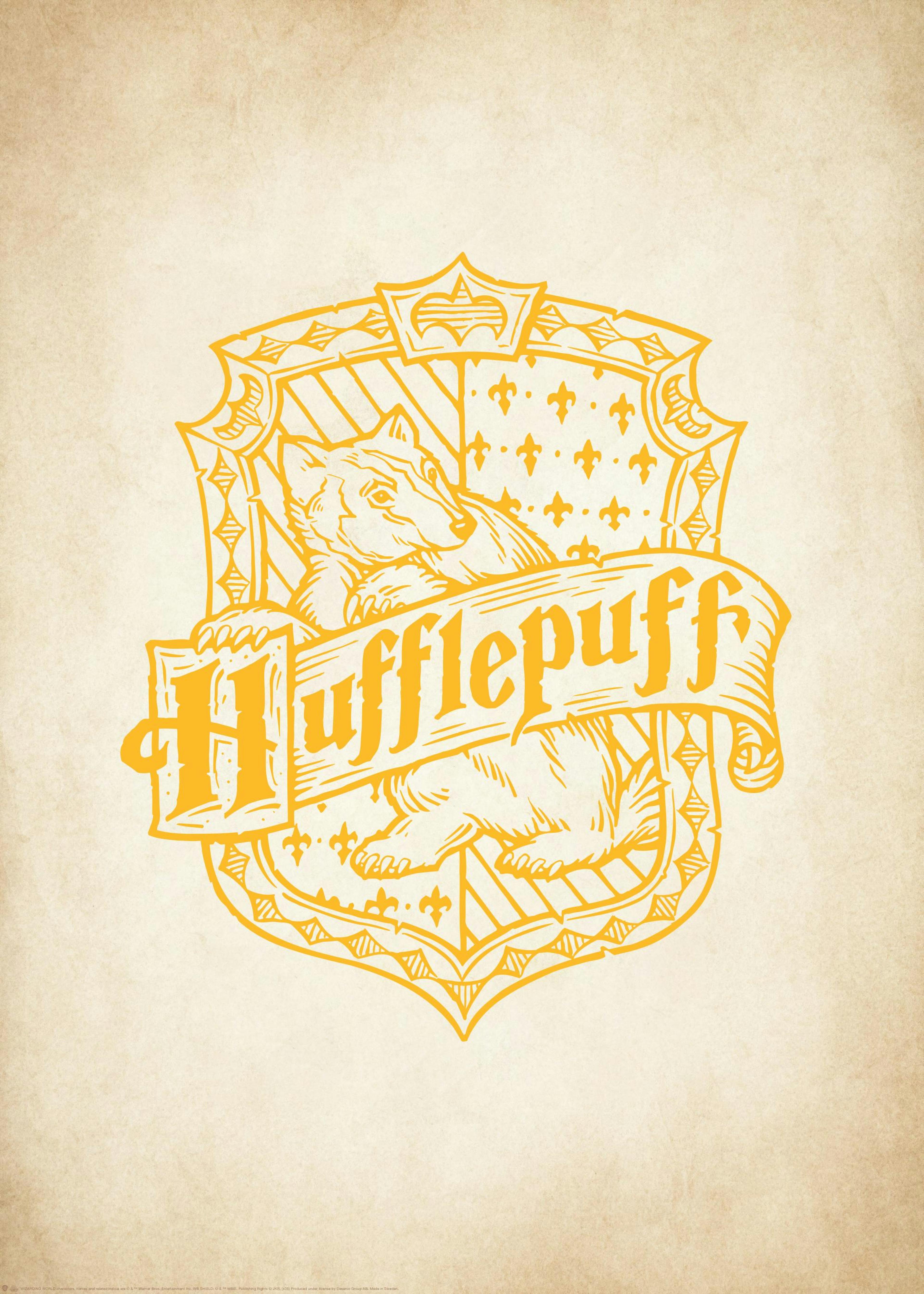 Πόστερ Harry Potter Hufflepuff, έμβλημα με ασβό σε κίτρινο χρώμα, vintage φόντο