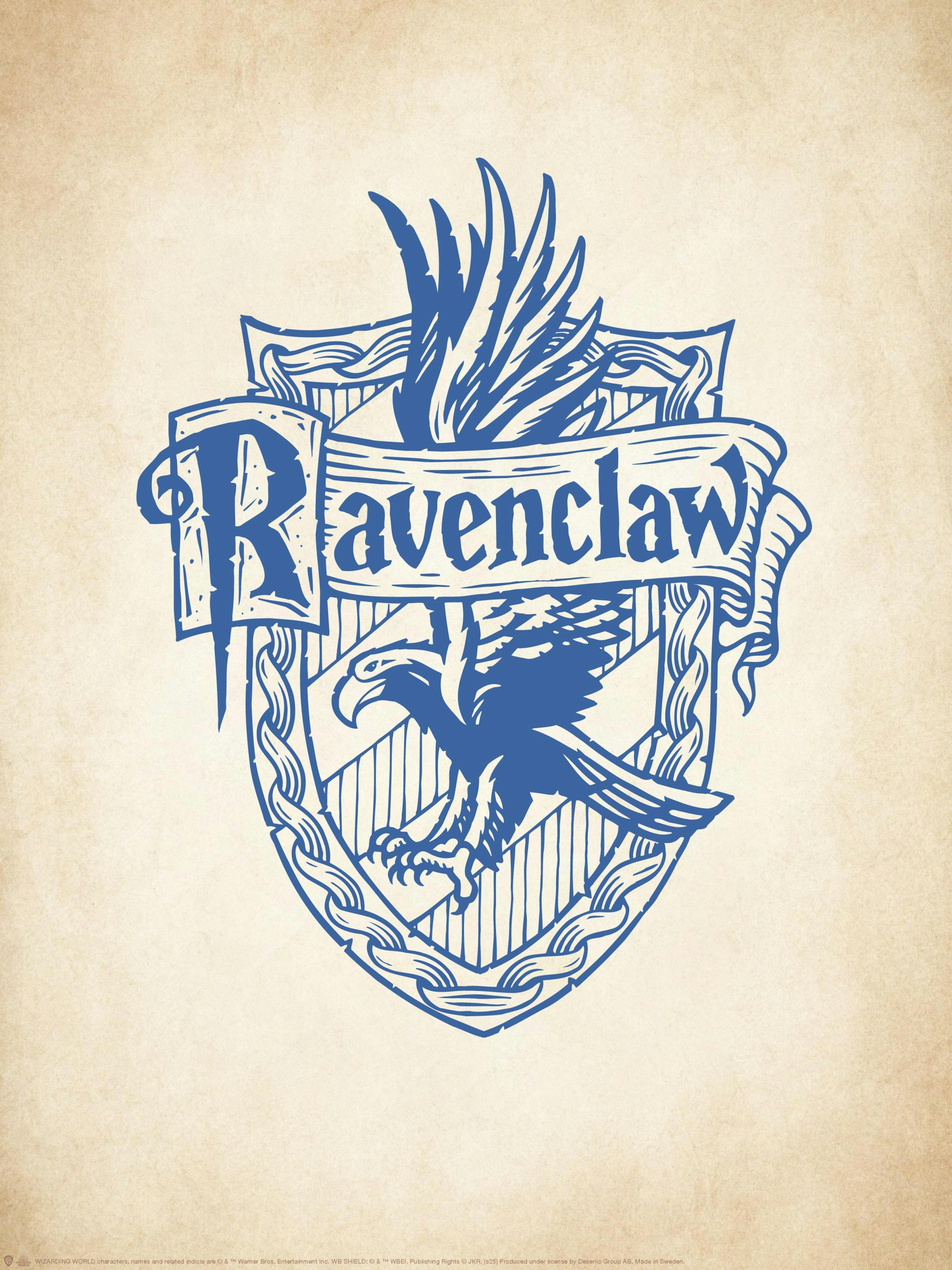 Harry Potter Ravenclaw plakat med mørkeblå emblem og ørn på vintage beige bakgrunn.