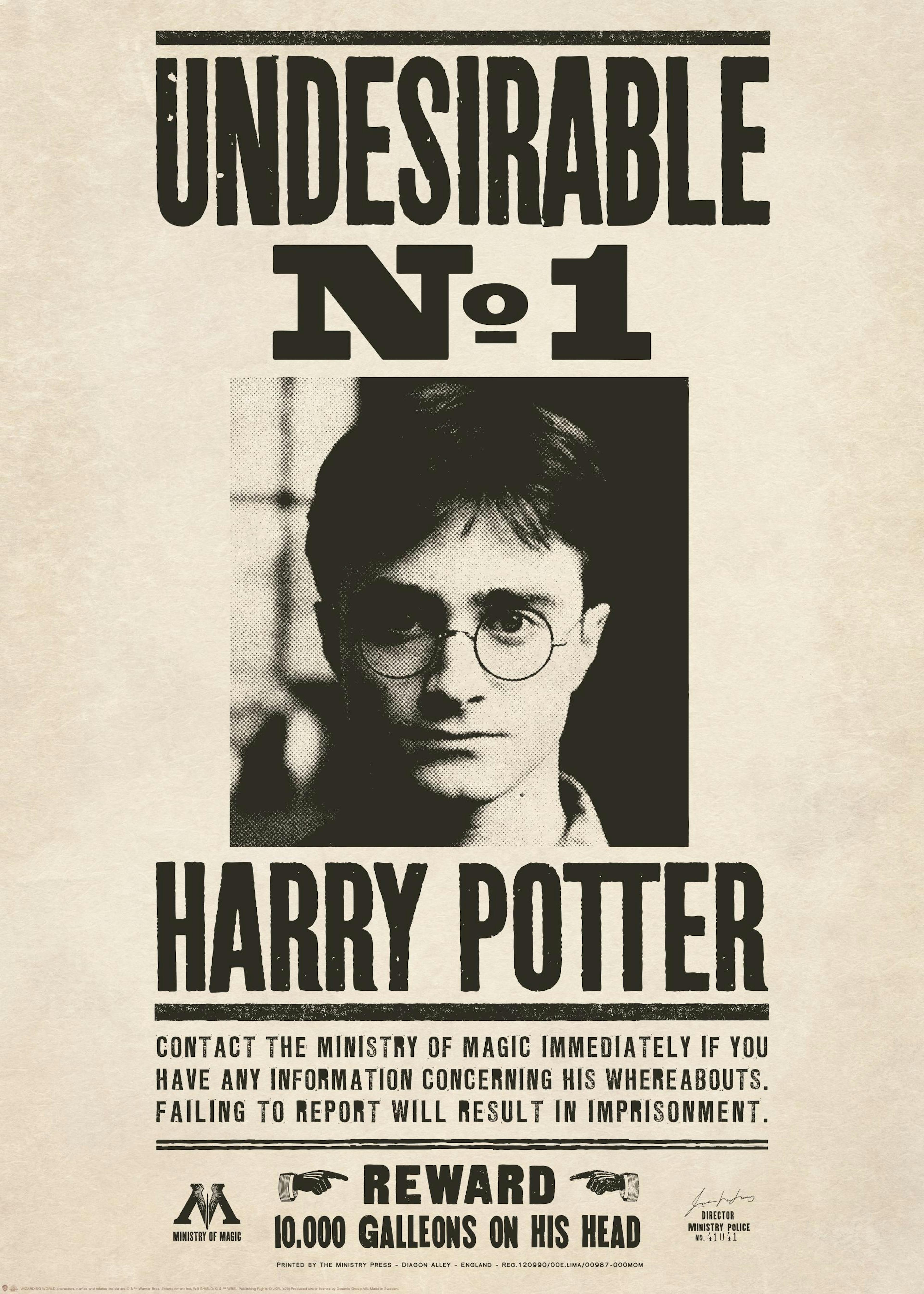 Harry Potter Undesirable No. 1 plakat med Harry Potter i midten, sort tekst på vintagebeige baggrund. Wizarding World-kunst.