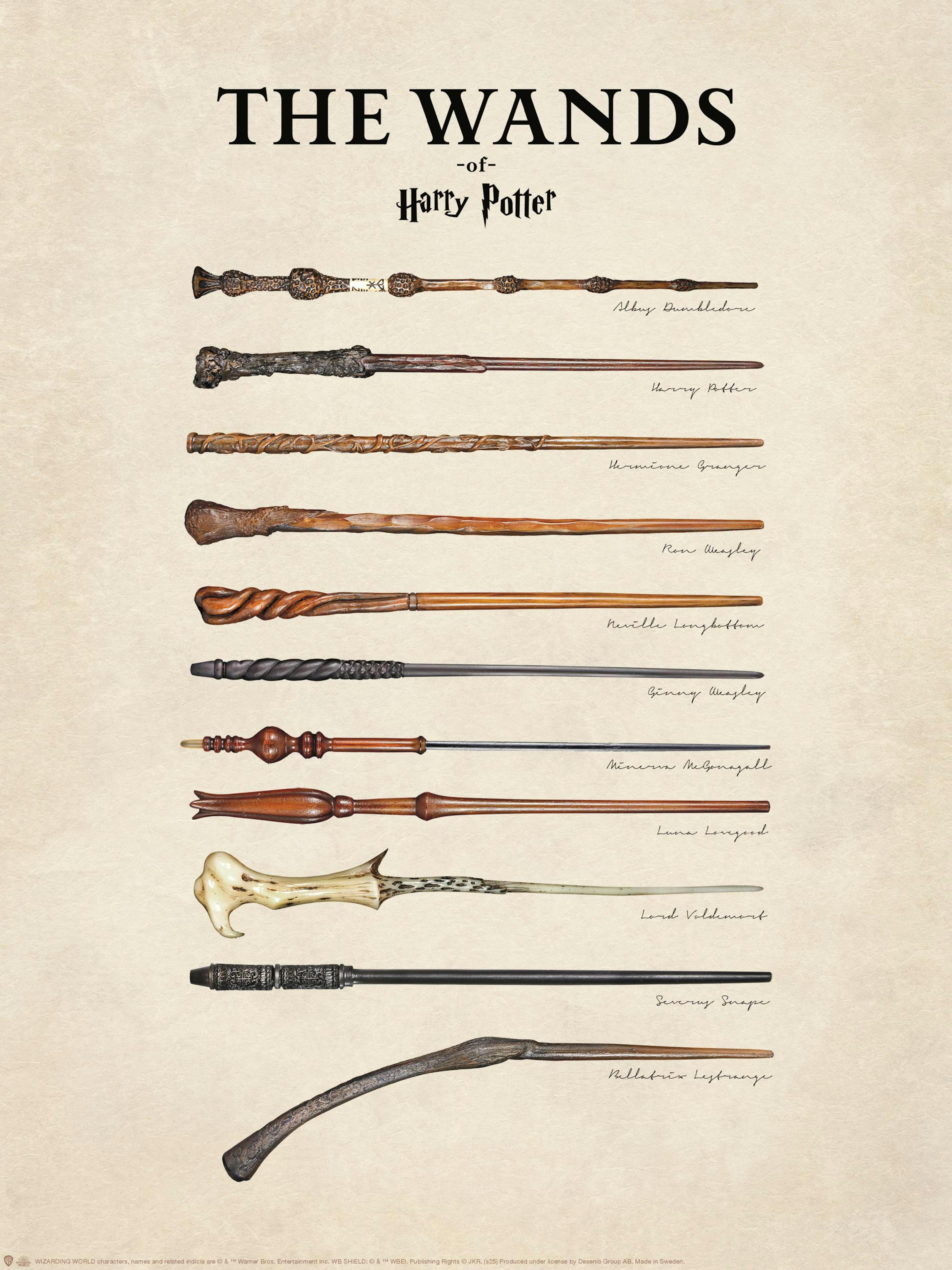 Harry Potter-plakat med 11 tryllestave fra karakterer, herunder Dumbledore, Harry Potter, Hermione, Ron, Voldemort.