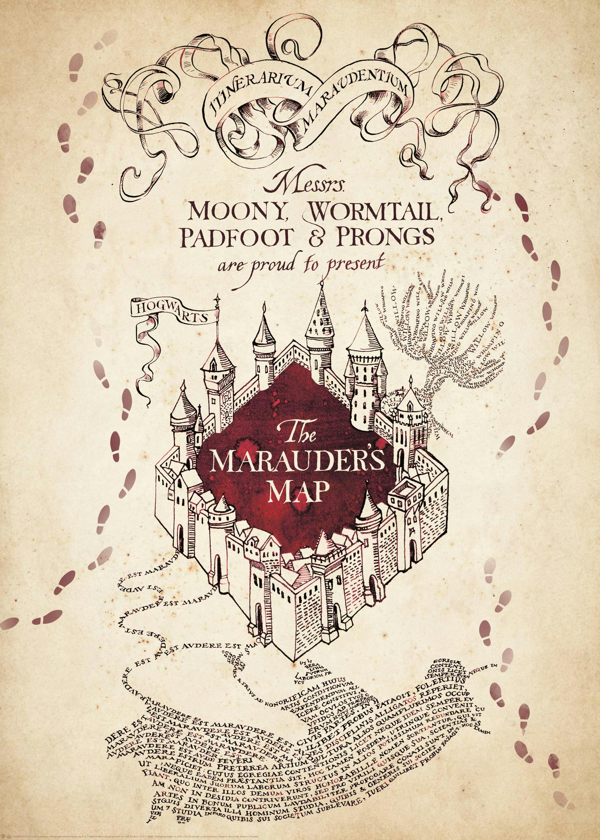 Harry Potter Marauders Map print with Hogwarts castle, red accents, and footsteps on vintage parchment.